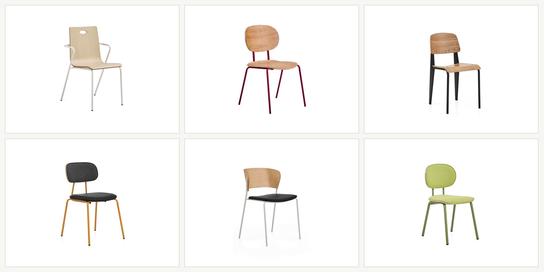 DALI dining, meeting and discussion chair options with plywood seats, backs, upholstery and metal frames.