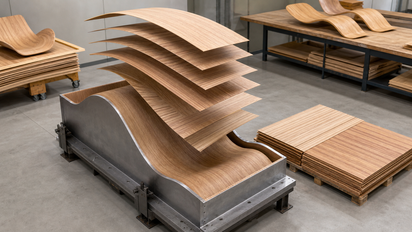 Cross-laminated veneer layers arranged above a mold for a large plywood lounge chair shell