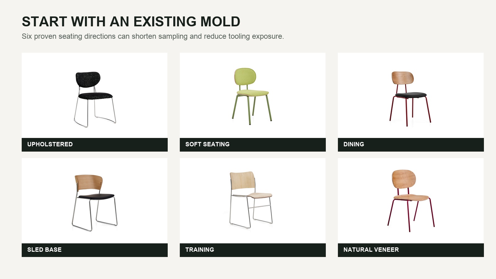 Six real DALI chair directions showing upholstered, dining, sled-base, training and natural veneer seating.