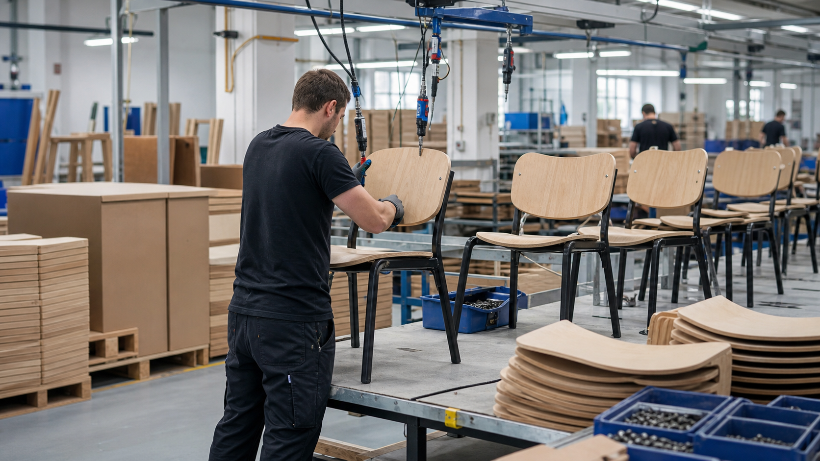 European chair assembly line using molded plywood backs and curved plywood seats