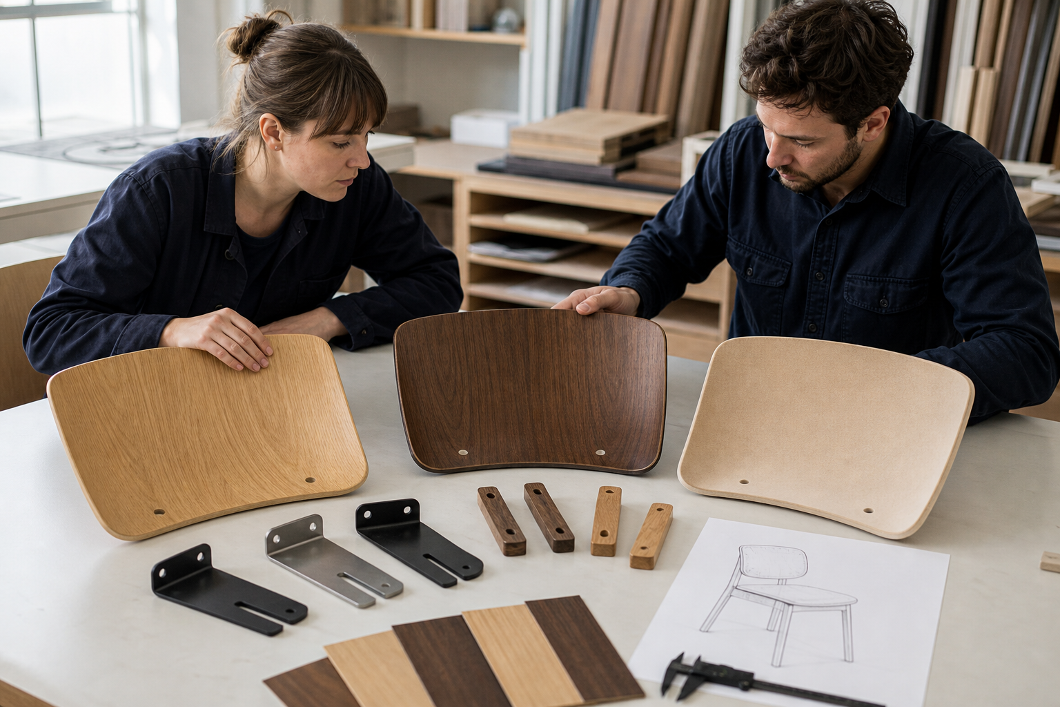 Furniture engineers reviewing curved plywood chair backs in oak, walnut and upholstery-ready finishes.