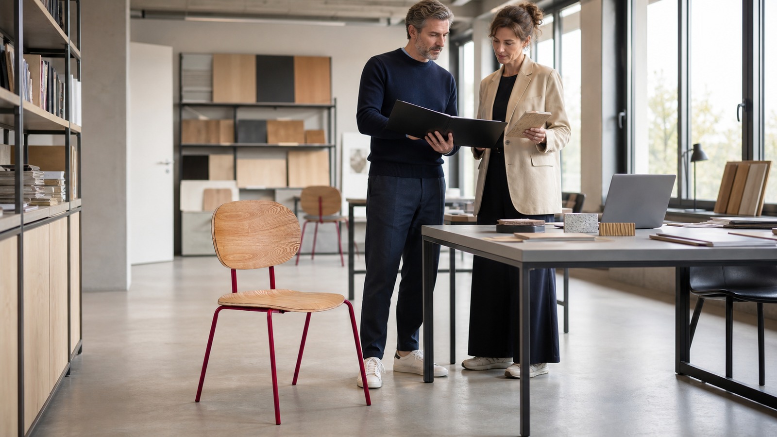 European furniture buyer and compliance manager reviewing a realistic bent plywood dining chair.