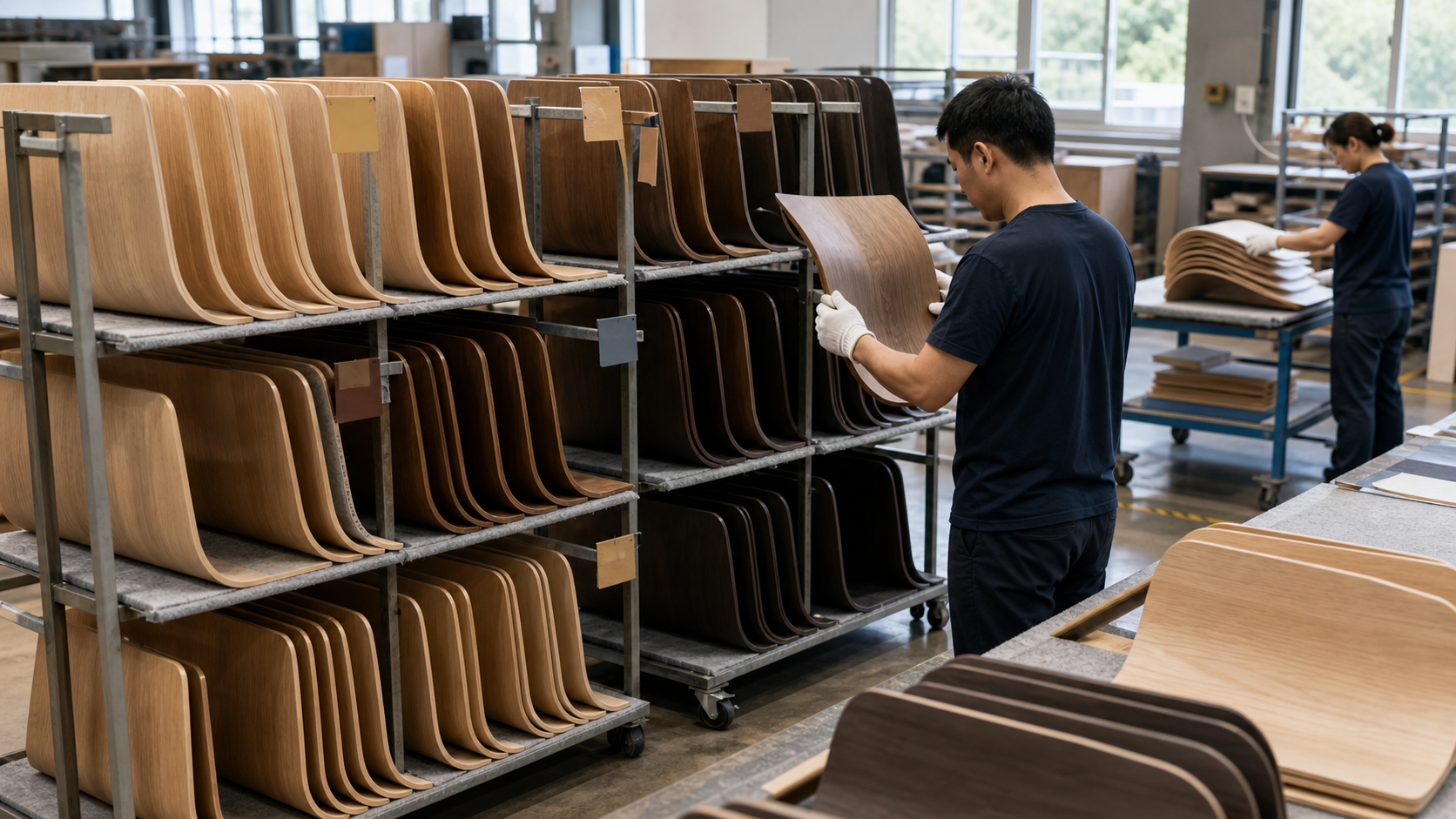 Small batch racks of molded plywood chair backs being inspected before furniture assembly.