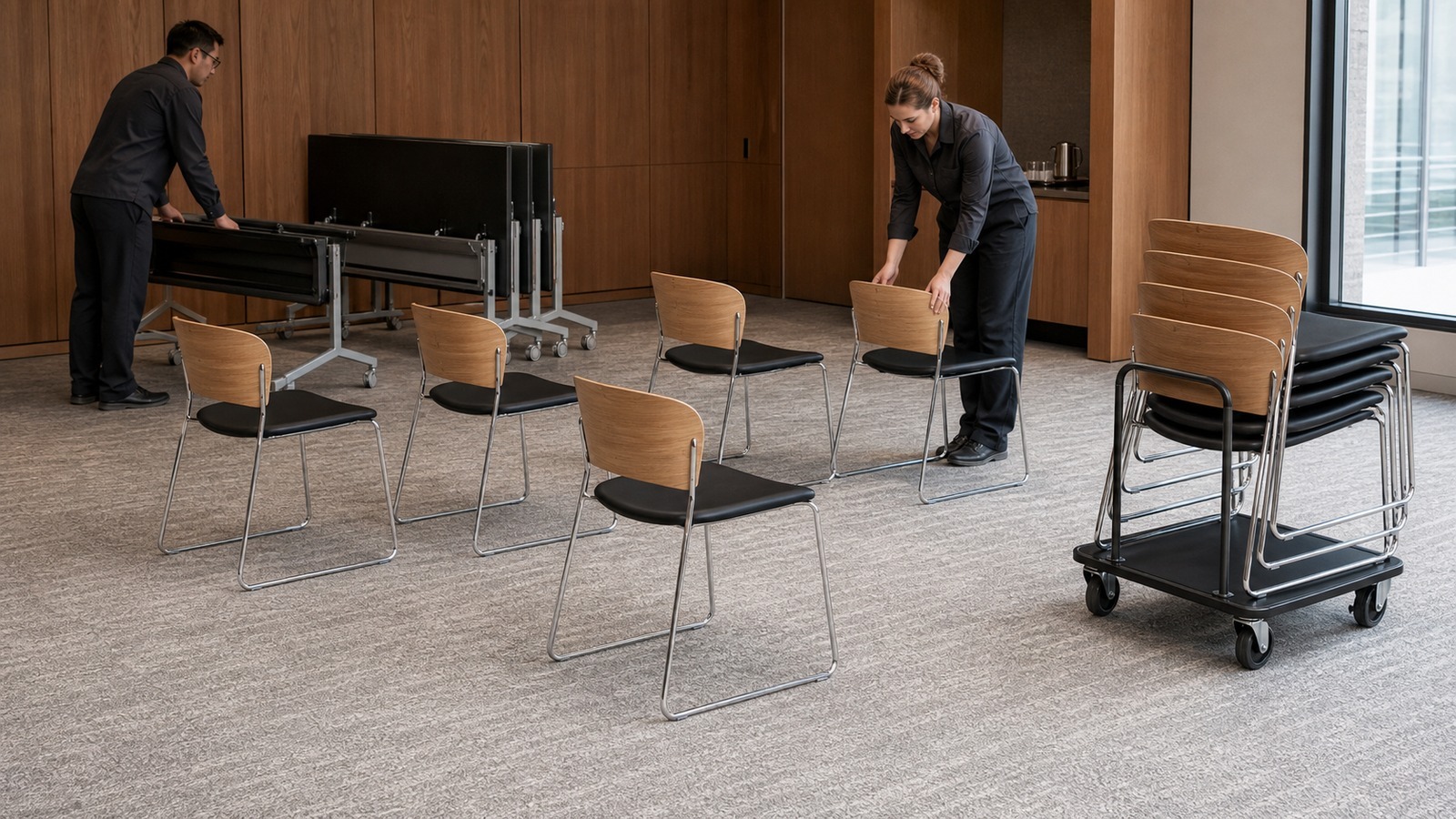 Hotel conference staff resetting a meeting room with stackable plywood and upholstered chairs.