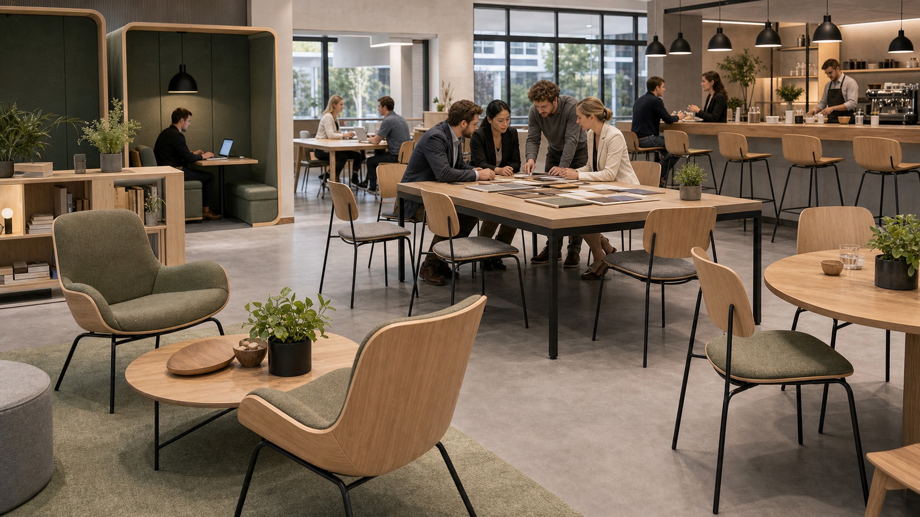 Hybrid workplace and cafe interior using one bent plywood chair family across multiple zones.