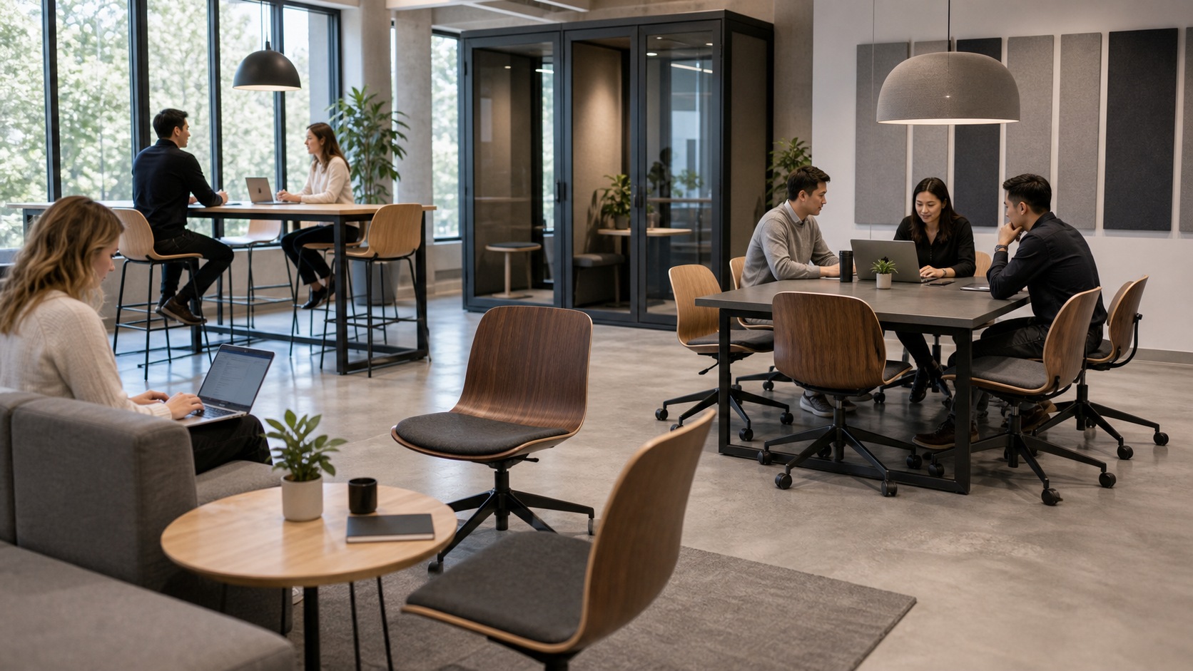 Modern workplace with molded plywood task chairs, guest chairs and contract furniture seating.