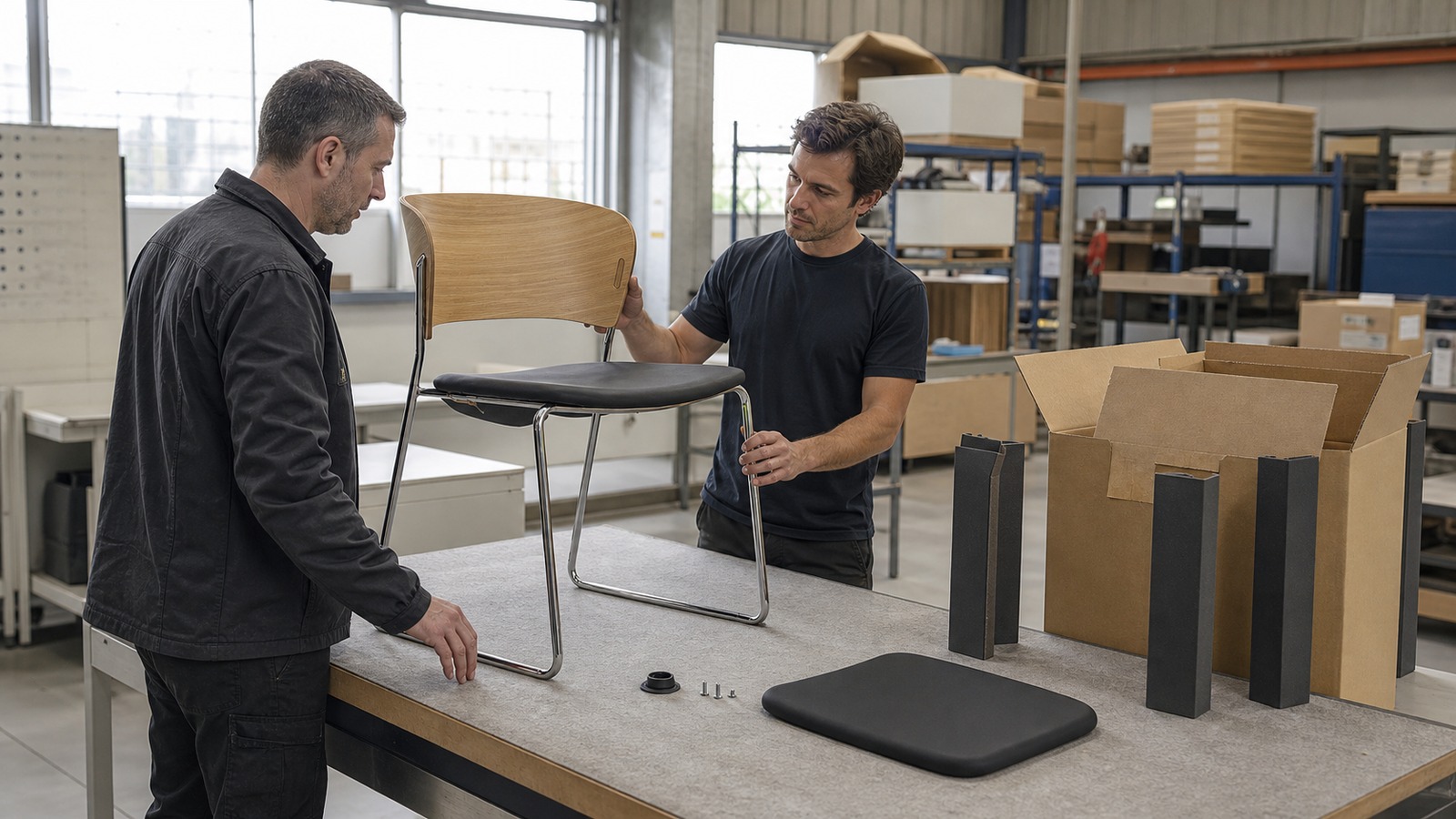 Technicians reviewing a complete plywood chair, replaceable service parts and reusable protective packaging.