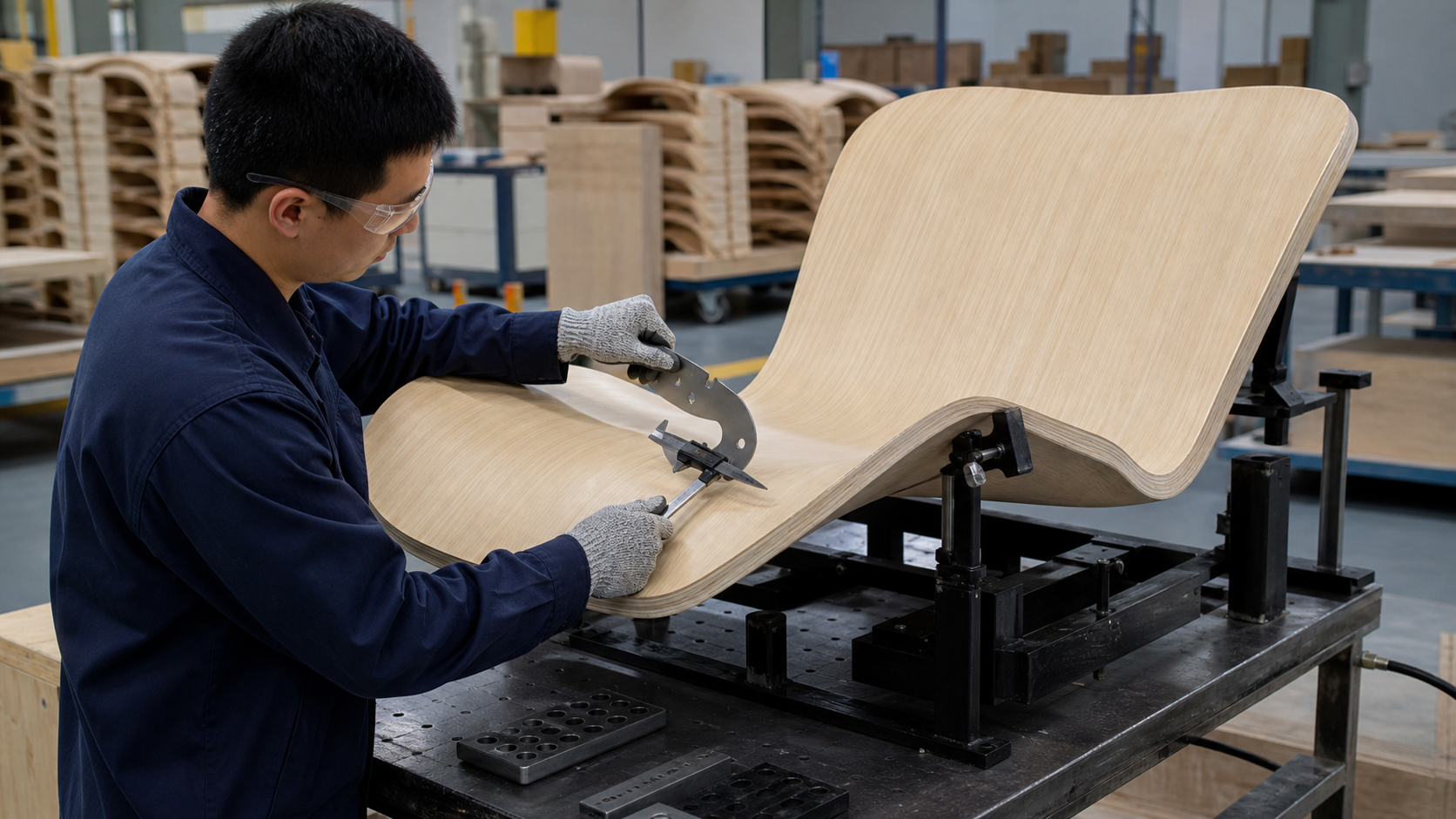 Quality technician checking springback and profile consistency on a molded plywood lounge shell