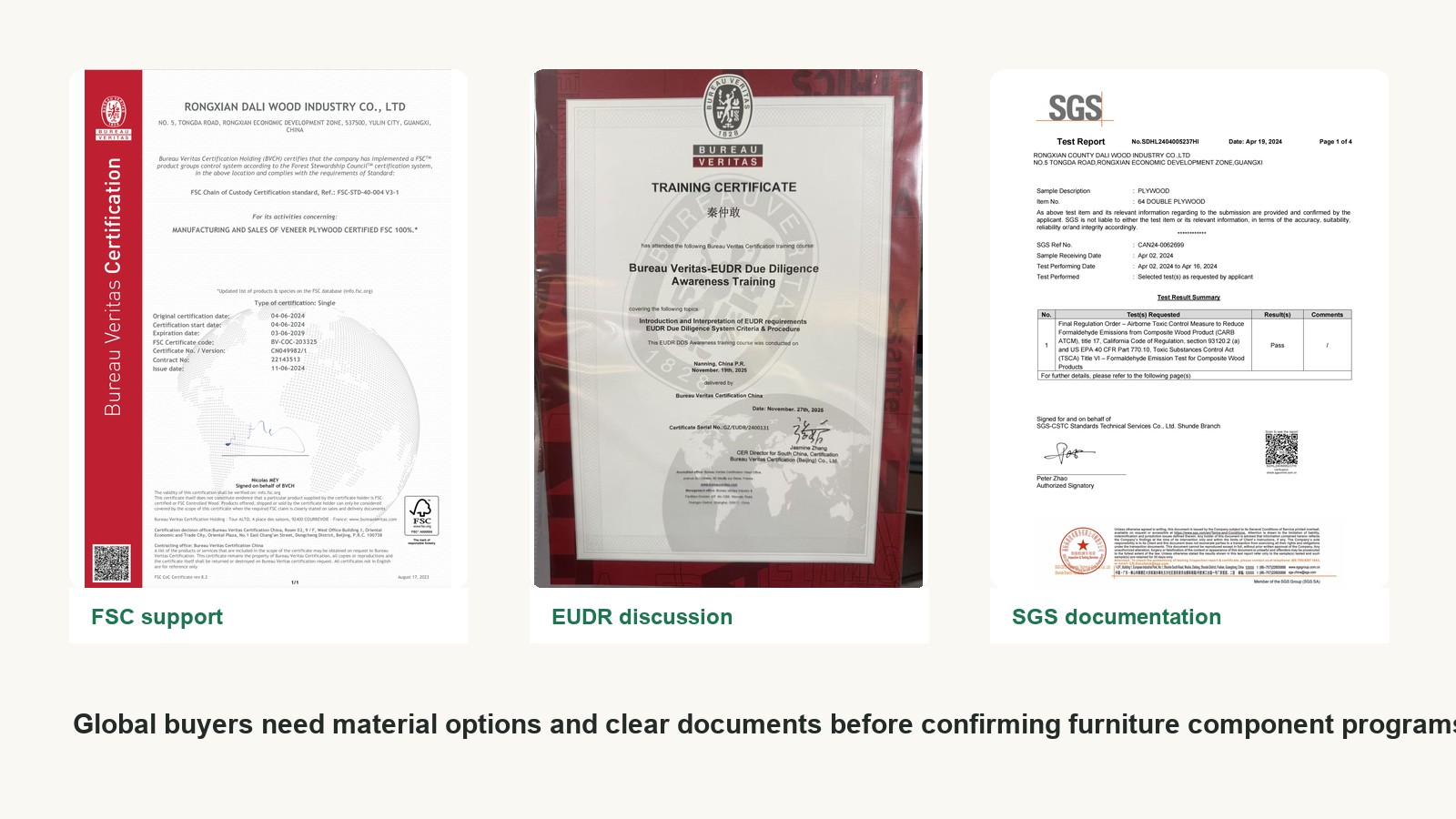 FSC EUDR SGS and E0 documentation support for sustainable furniture components.