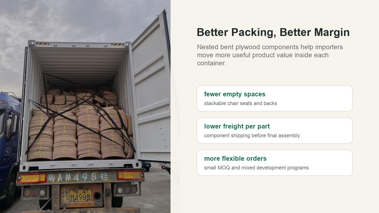 Nested bent plywood components export packing strategy for better container value and furniture margin.