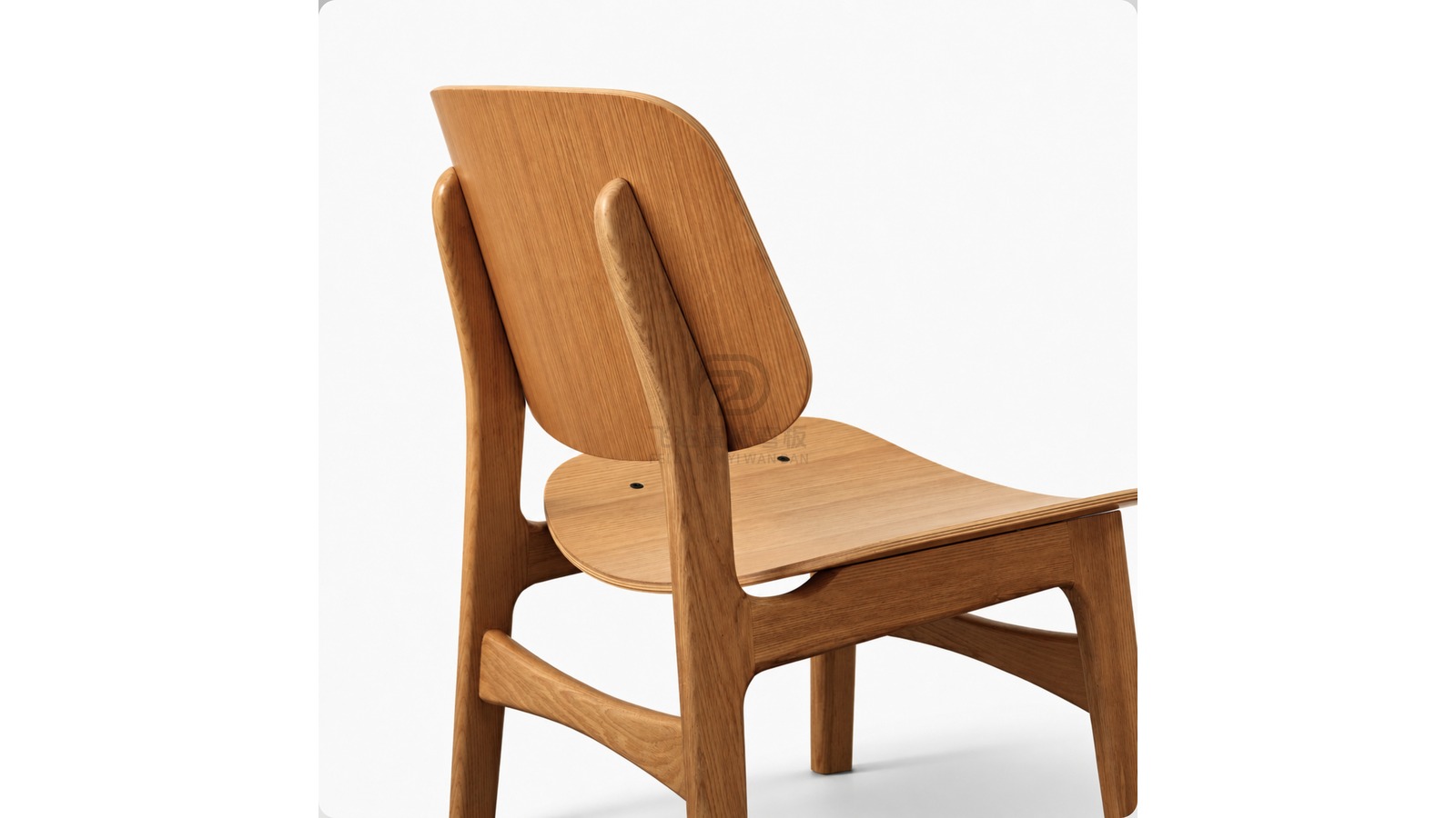 Back and seat detail of a wooden dining chair with ash wood support legs.