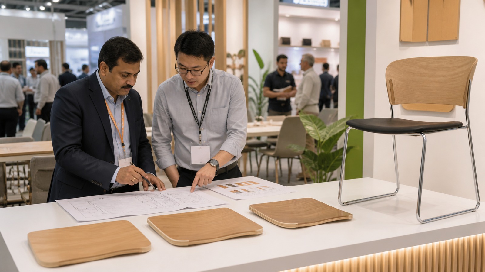 Indian furniture factory owner and DALI plywood engineer reviewing technical drawings, costs and molded plywood chair samples at a trade fair.
