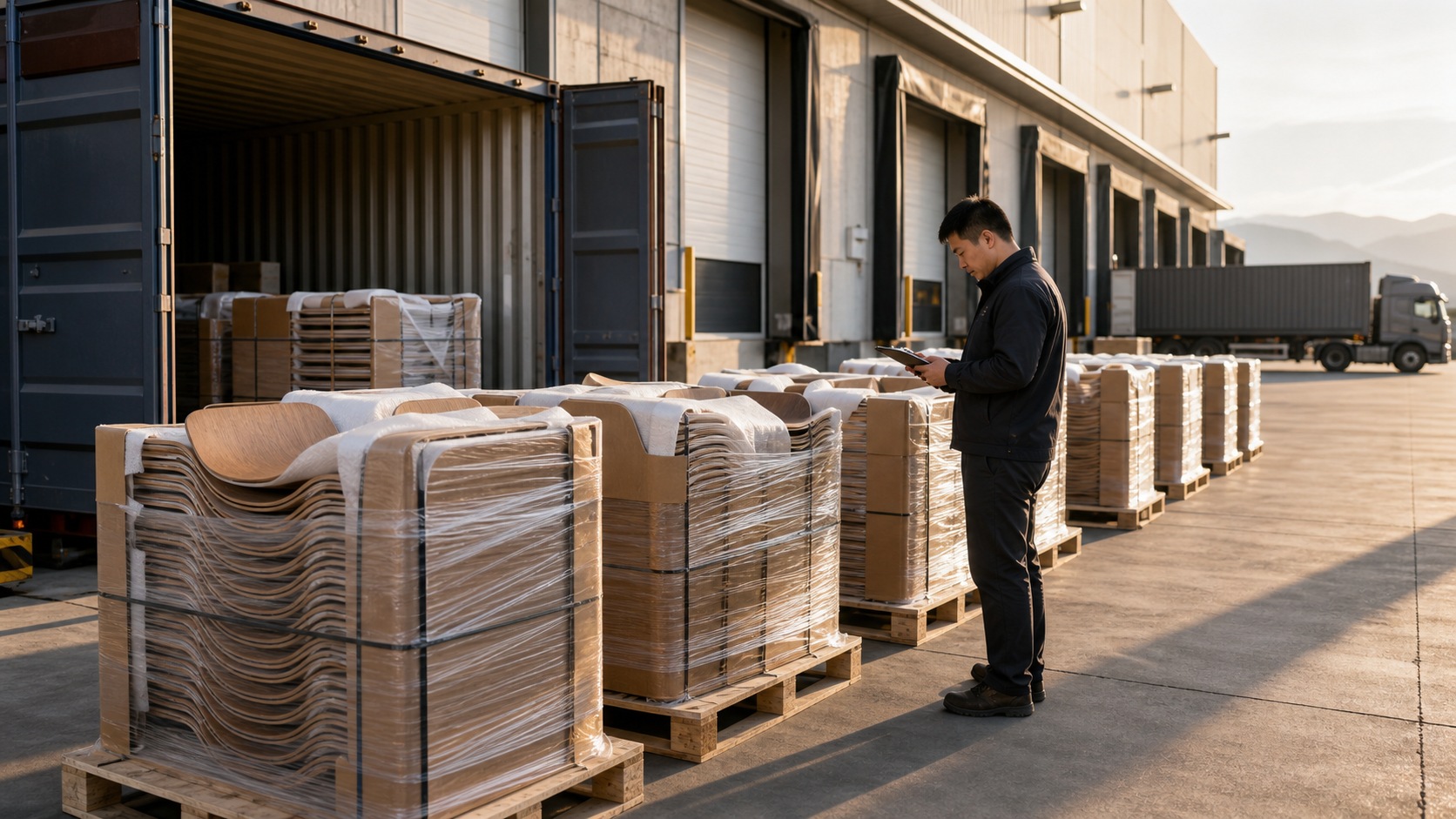 Export loading area with protected bent plywood chair backs and molded plywood components on pallets.