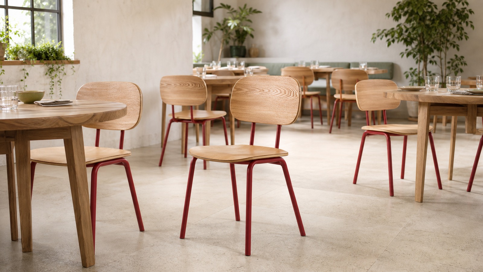 Red steel frame dining chair with an oak bent plywood seat and back in a European restaurant interior.