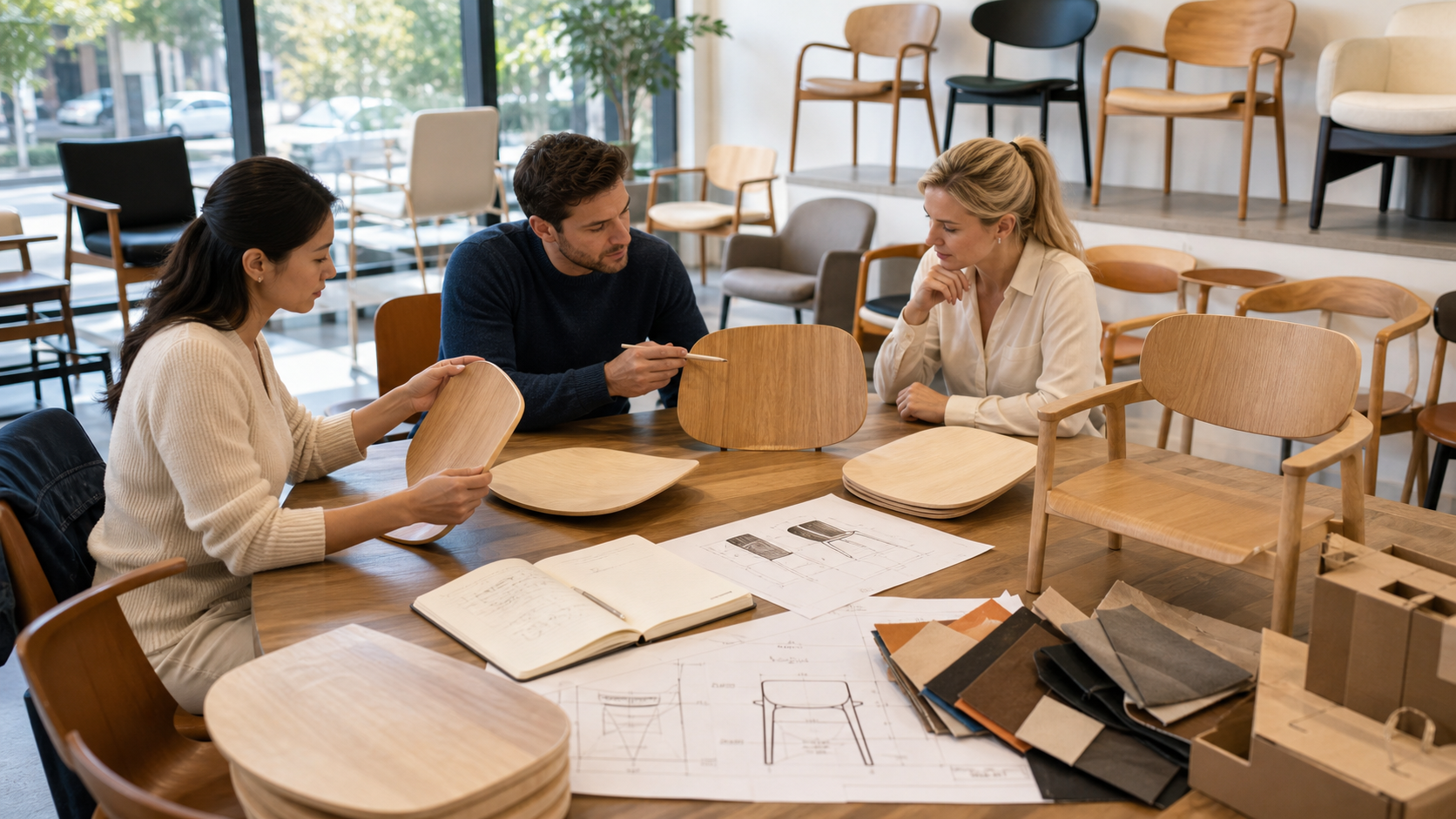 International furniture buyers reviewing bent plywood chair components and OEM drawings