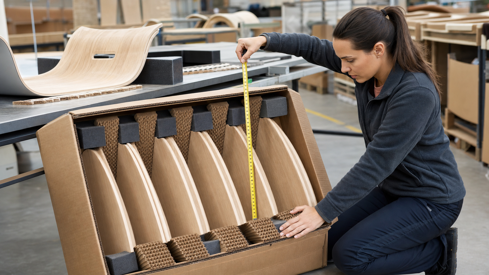 Packaging engineer checking dividers and edge protection around curved plywood chair backs