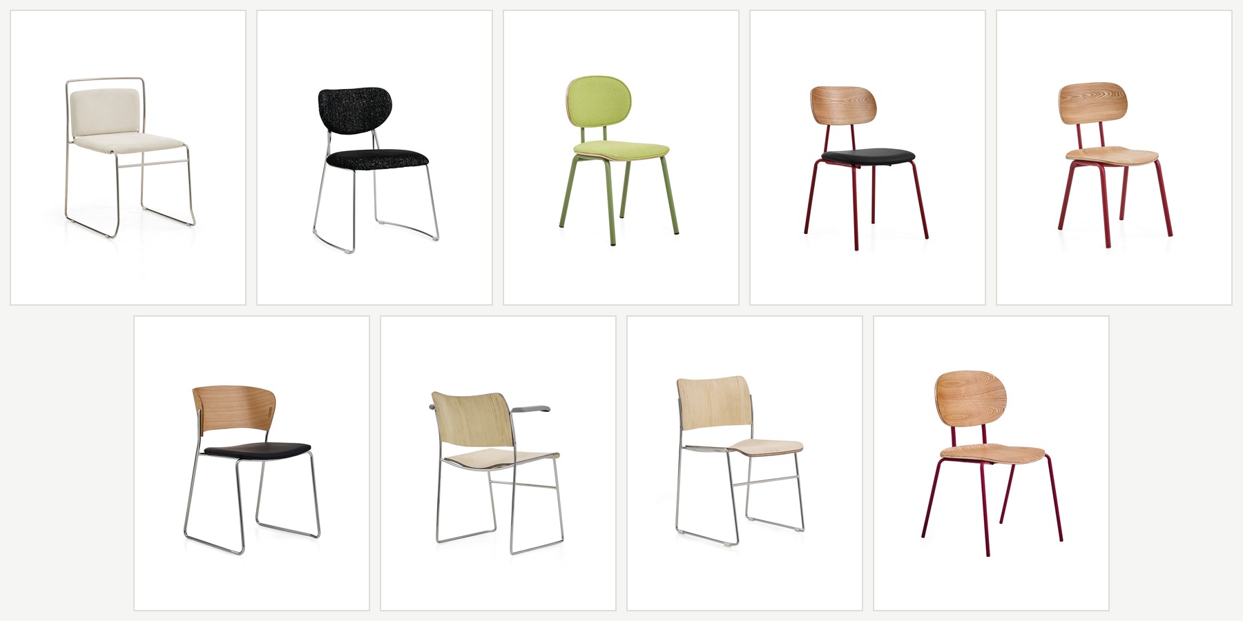 Nine real DALI dining chair variants using bent plywood, upholstery and different steel frames.