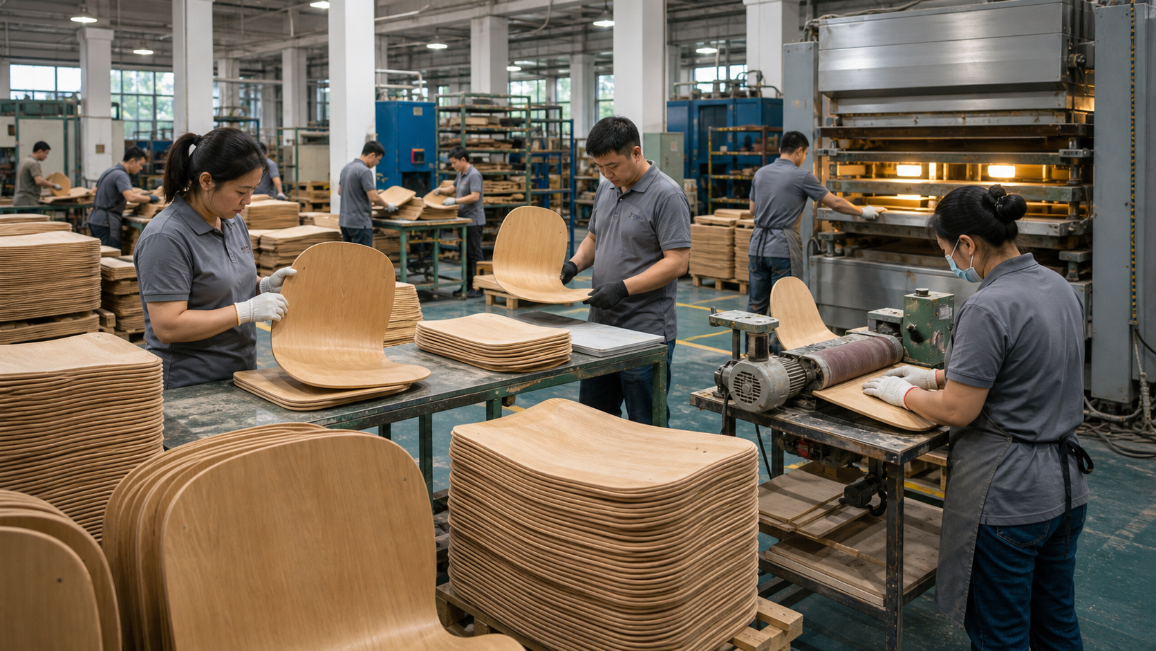 AI-generated Chinese bent plywood factory workshop with molded chair components