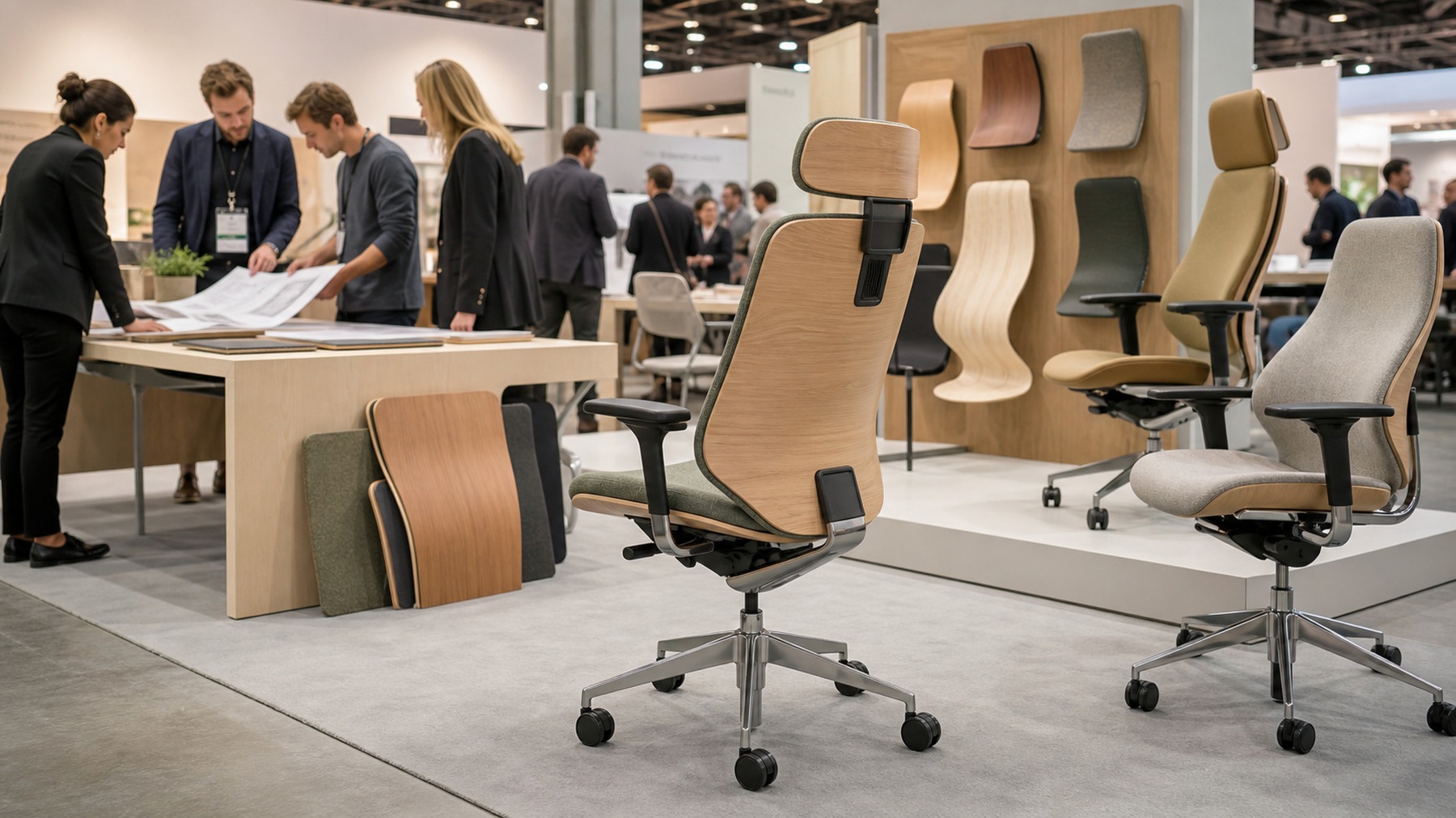AI-generated North American commercial interiors fair concept image with new office chair designs.