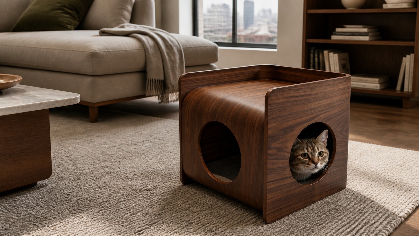 Walnut molded plywood pet house with rounded corners and circular openings in a modern apartment.