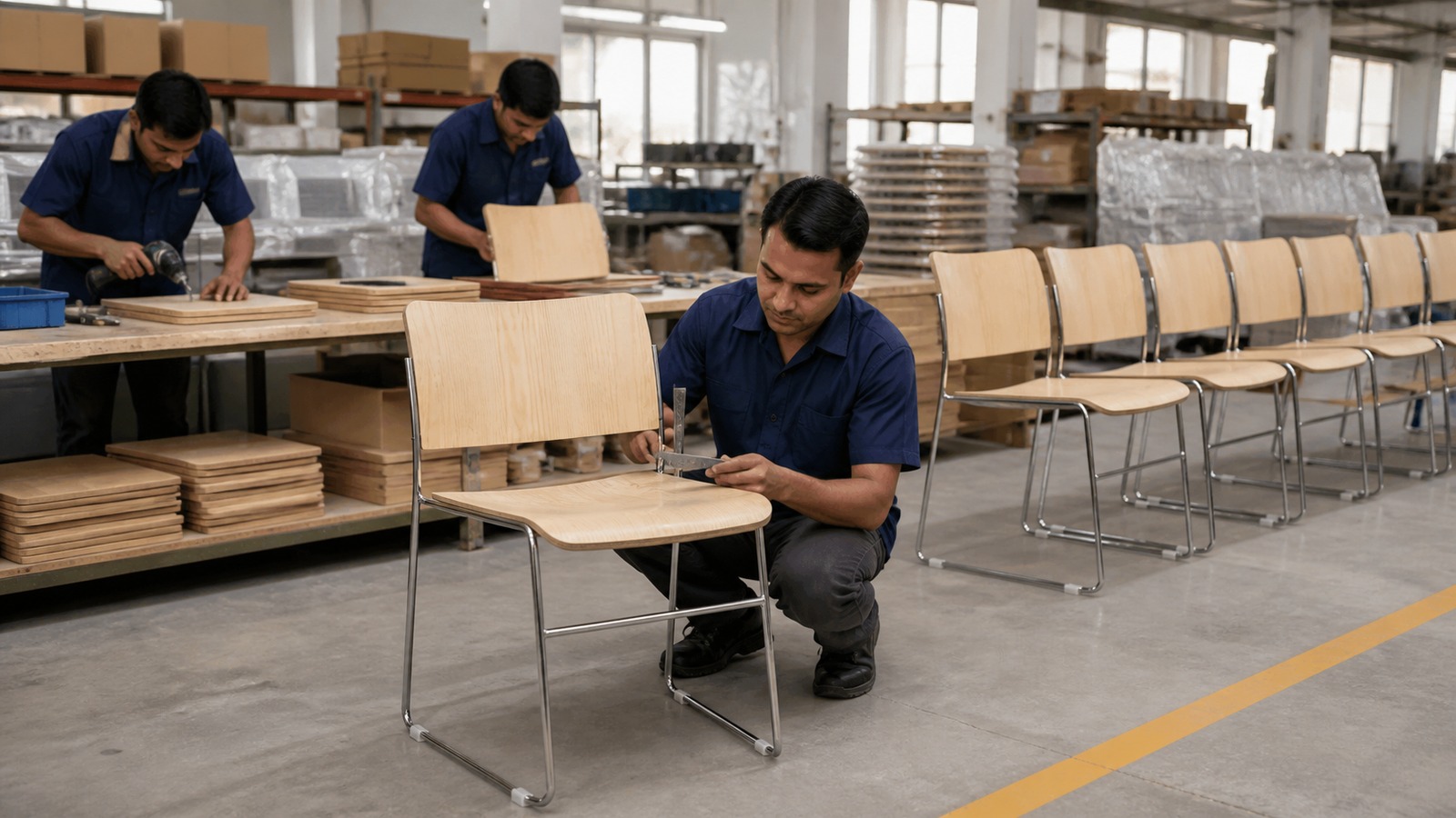 Indian furniture workers assembling realistic molded plywood seats and backs onto chrome sled chair frames.