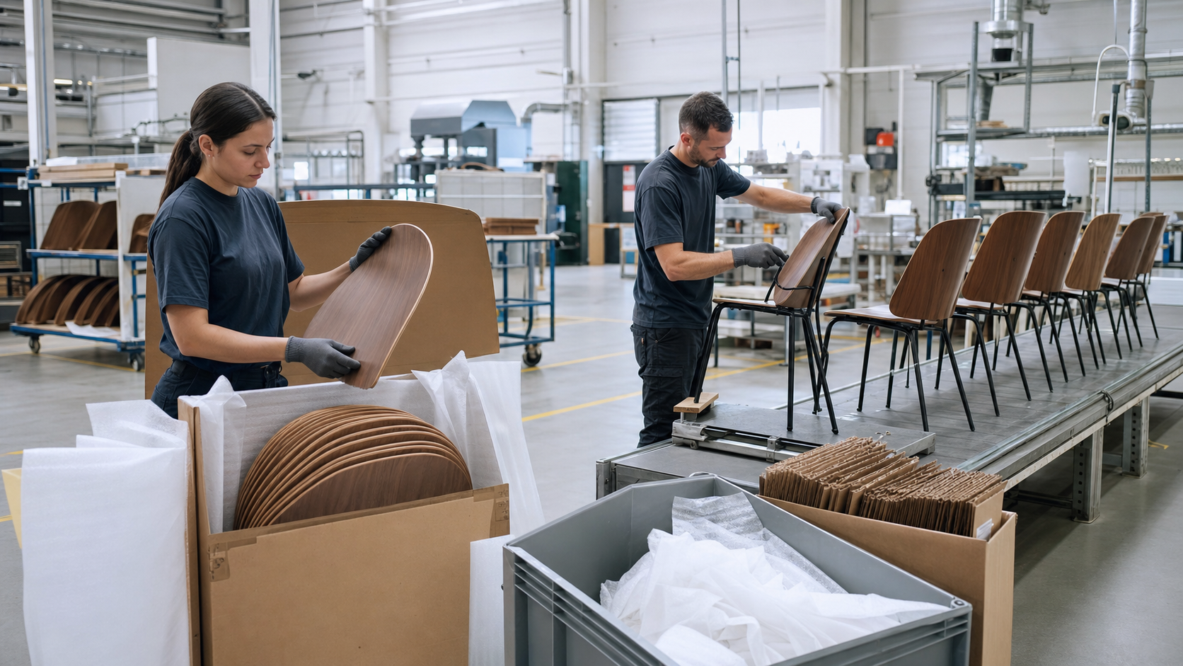 Furniture factory operators unpacking and assembling curved plywood chair components