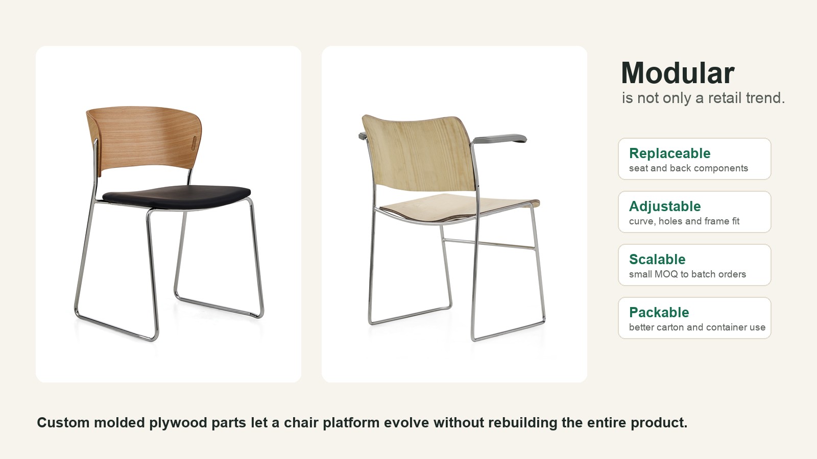 Modular furniture platform using custom plywood chair seats and backs.