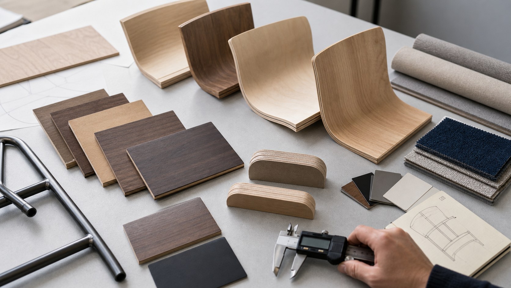 Custom bent plywood sample review table with veneer swatches, chair shell prototypes and calipers.