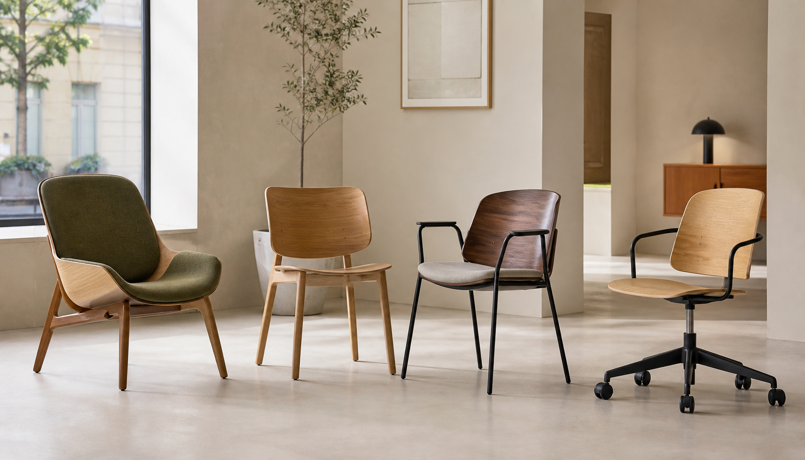 Lounge, dining, hospitality and office chairs using realistic curved plywood backs and seats.