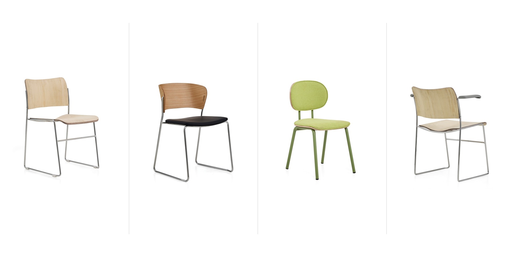Four DALI compact chair options with molded plywood, upholstery, sled frames and armrests.