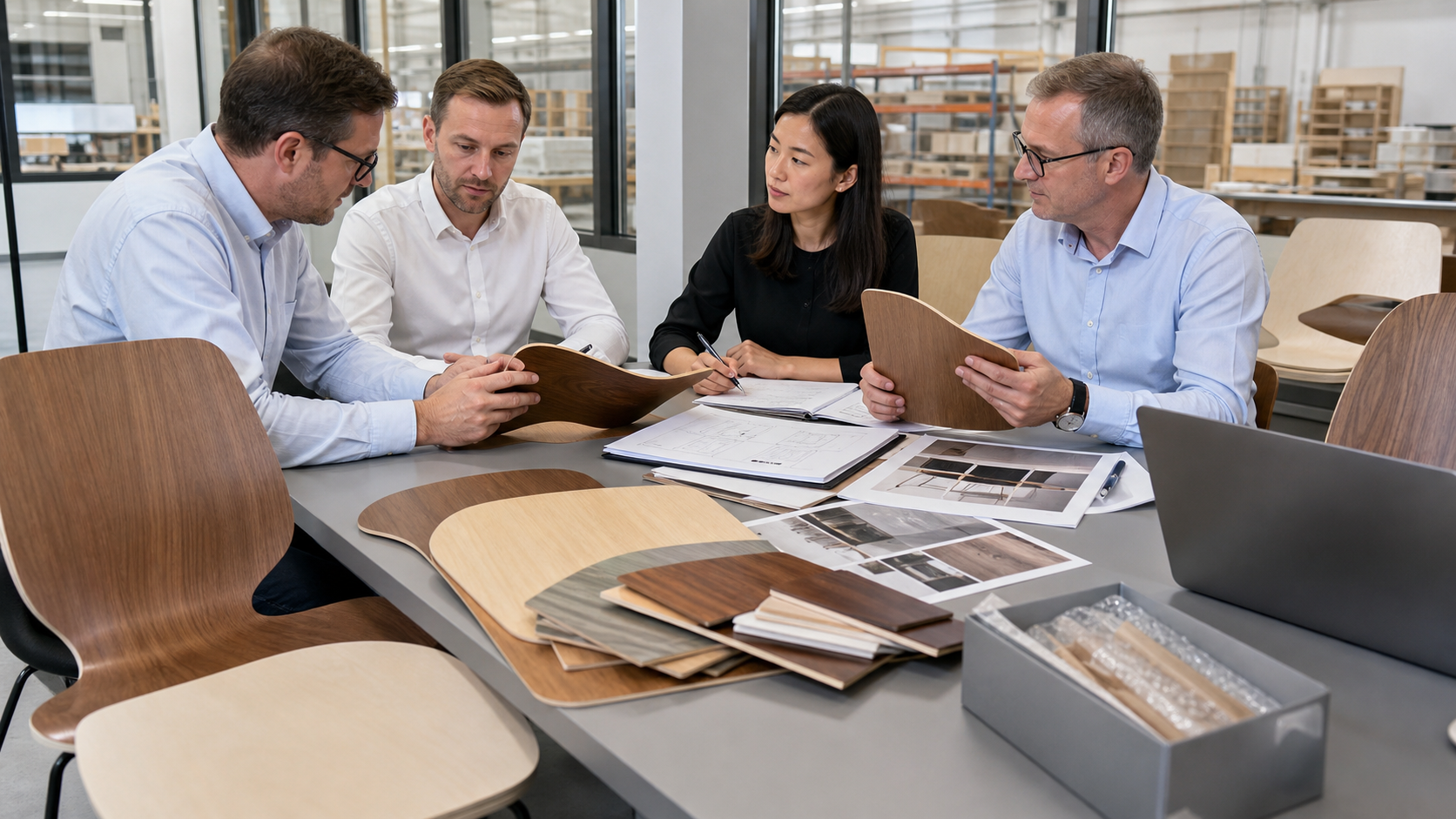 European furniture buyers reviewing molded plywood chair components and supplier documents