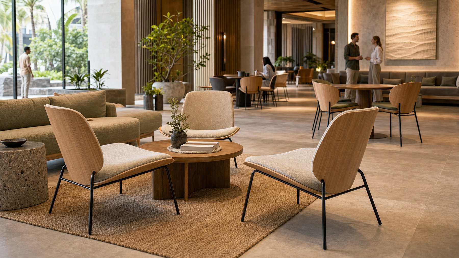 Quiet hospitality lounge with realistic bent plywood seating and warm natural materials.