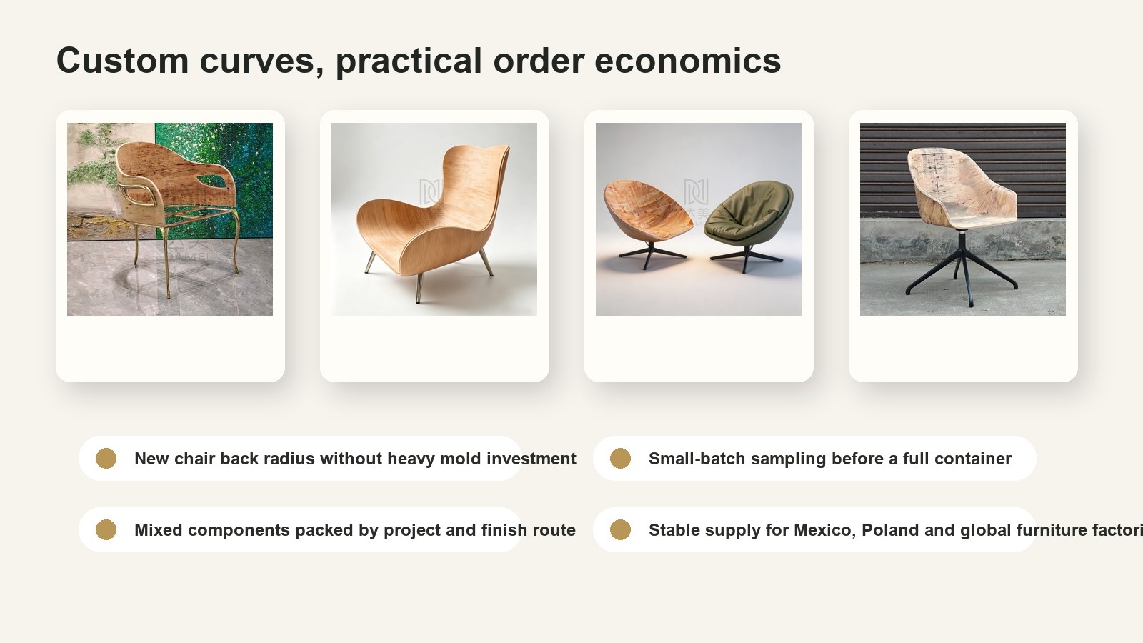 Low-cost custom plywood mold supplier for small MOQ chair seats and backs