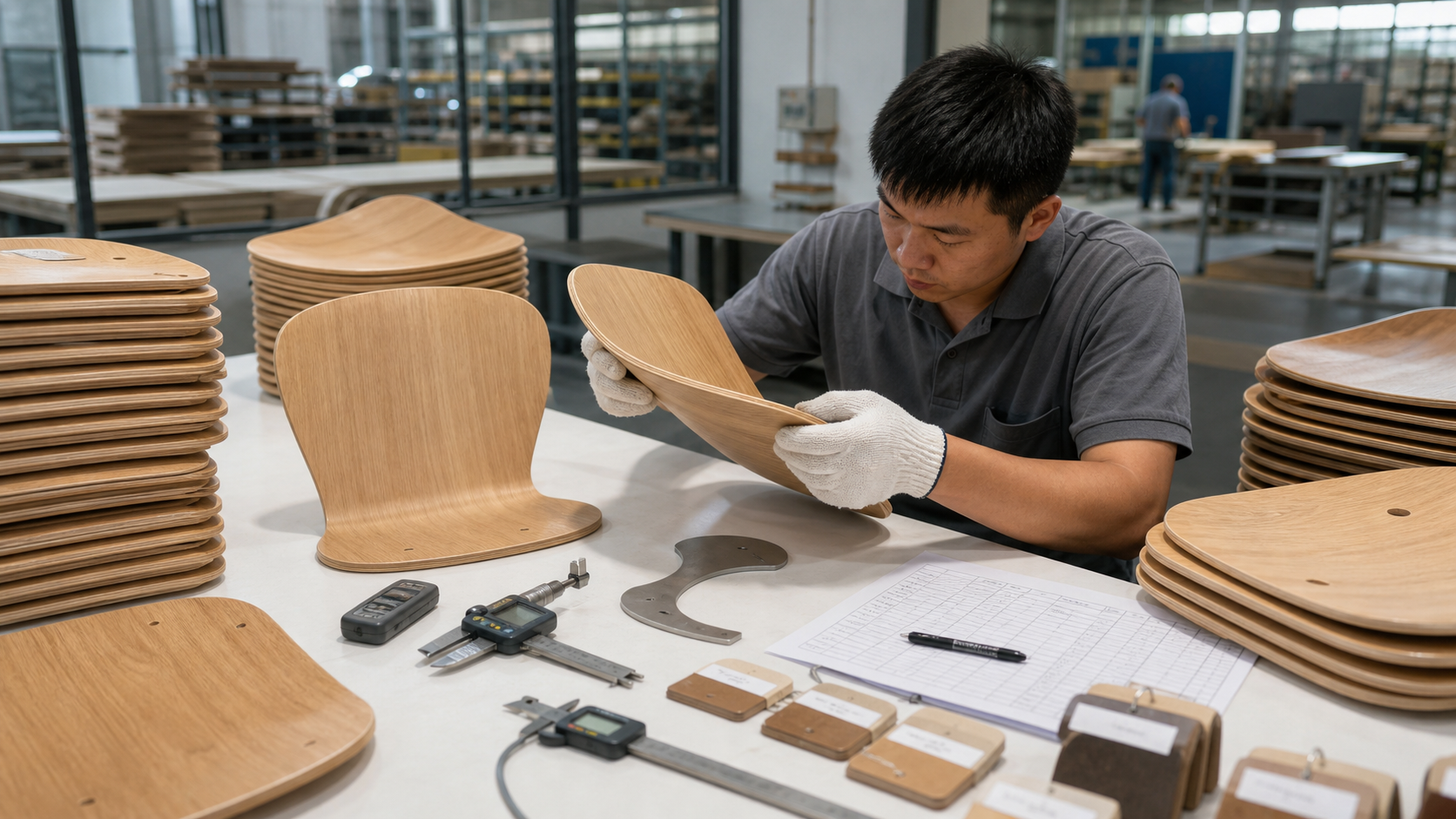 Quality control inspection for bent plywood chair backs and seats