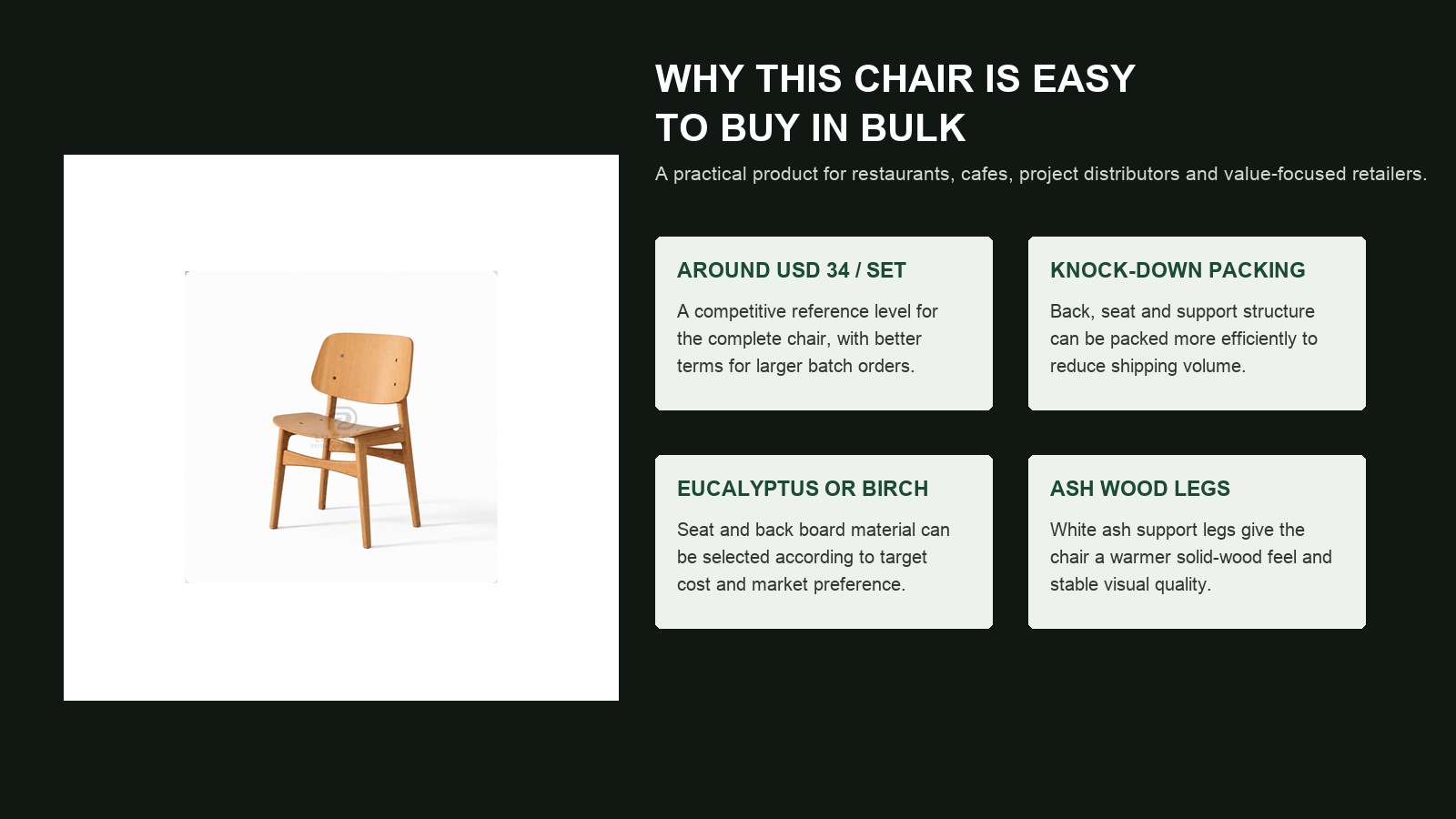Bulk buying value board for a USD 34 knock-down wood chair.