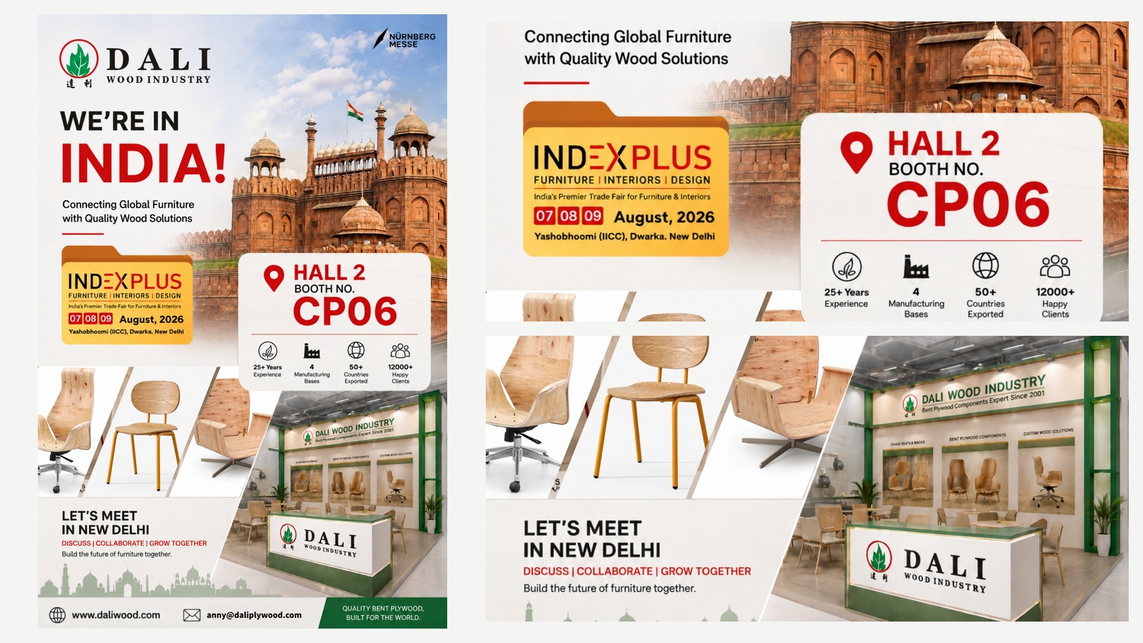 DALI Wood Industry INDEXPLUS New Delhi 2026 exhibition poster showing Hall 2 Booth CP06 and event dates.