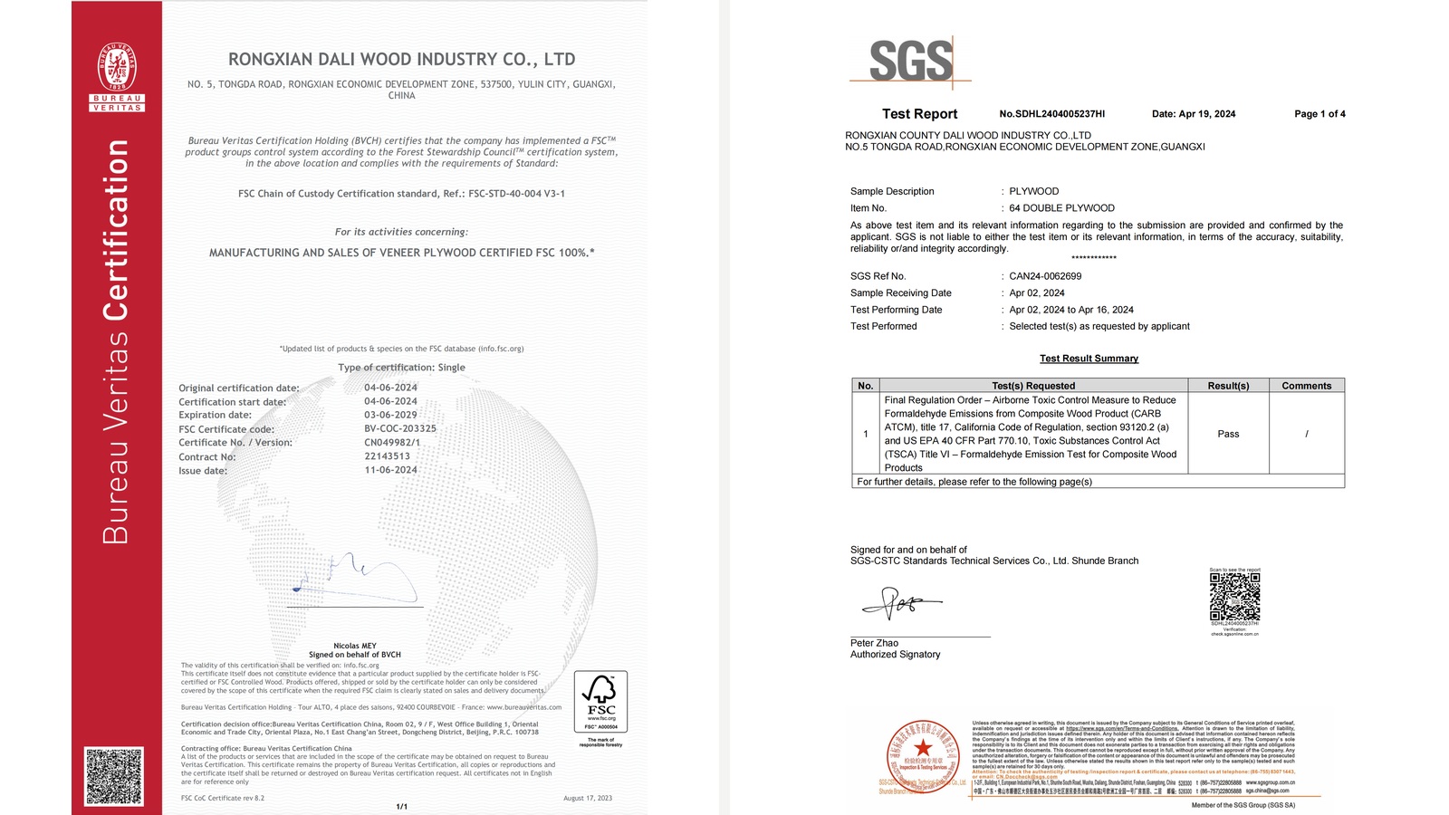 DALI FSC Chain of Custody certificate and SGS report for a specified plywood sample.