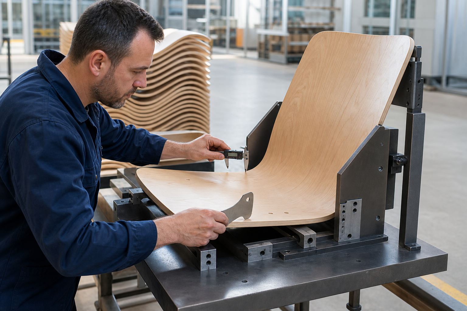 Molded plywood chair shell undergoing curve, thickness and drilling-position inspection in a production fixture.
