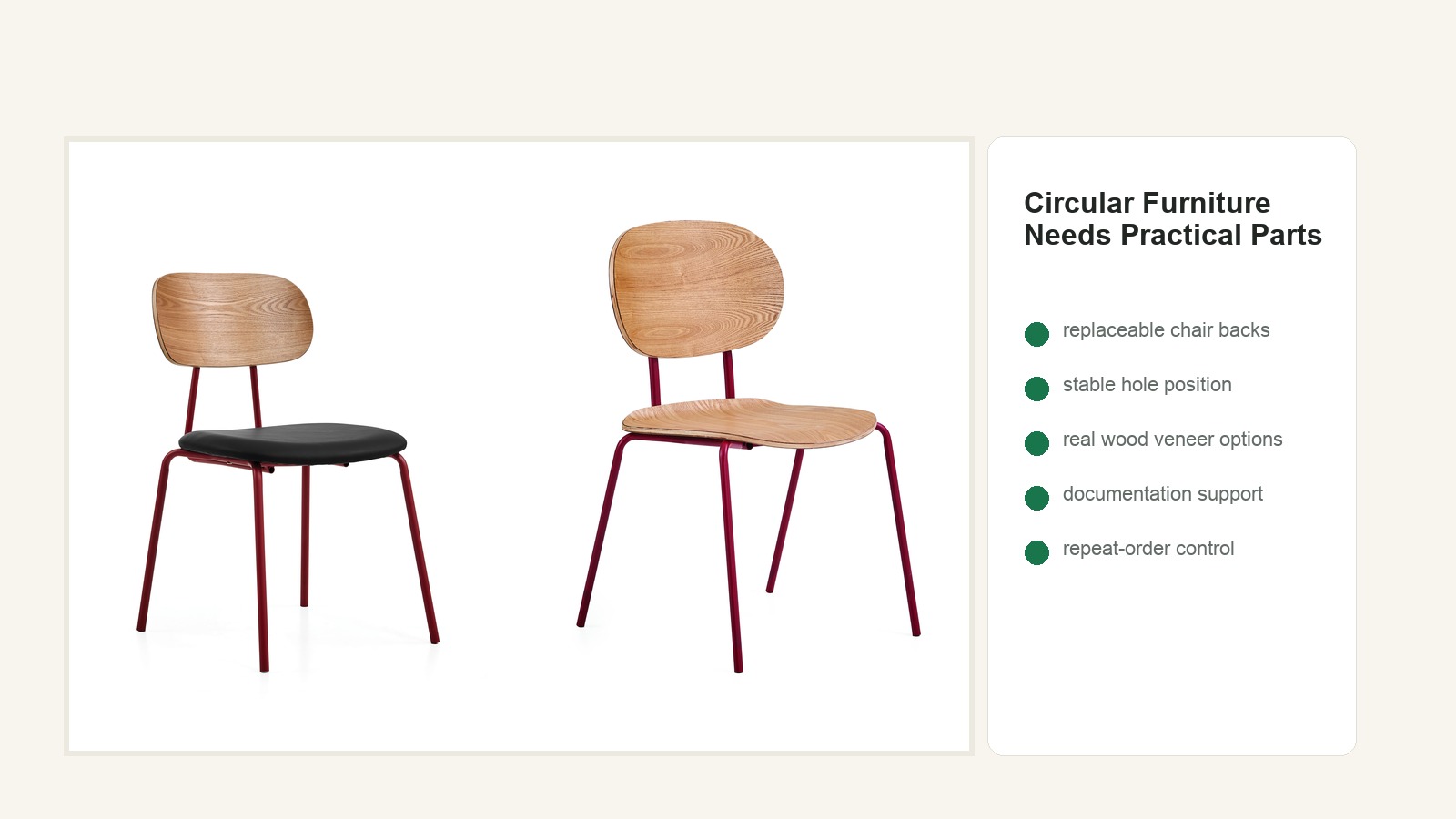 Repairable bent plywood parts and certificate support for circular furniture.