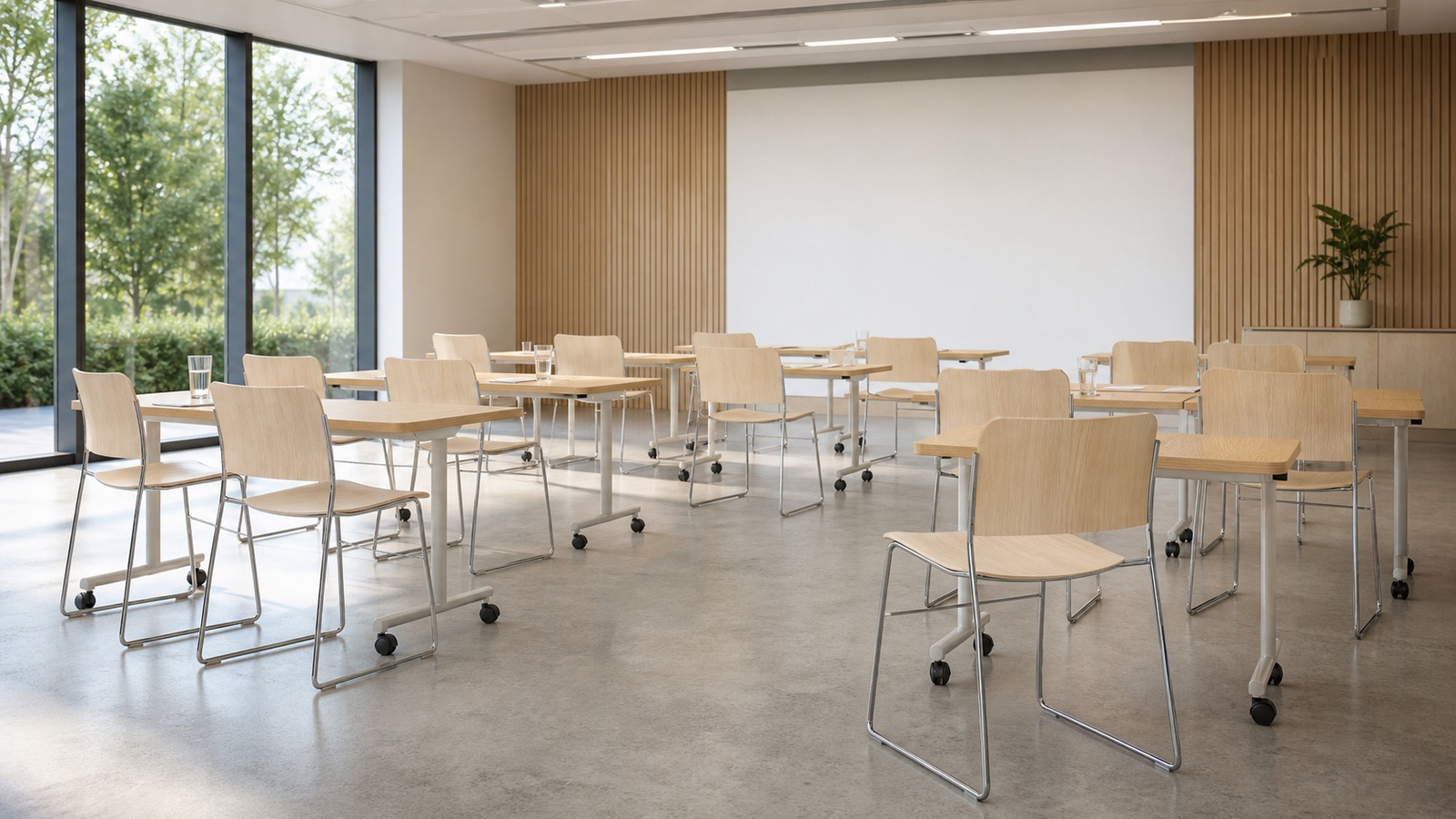 Flexible corporate training room furnished with light wood bent plywood chairs and movable tables.