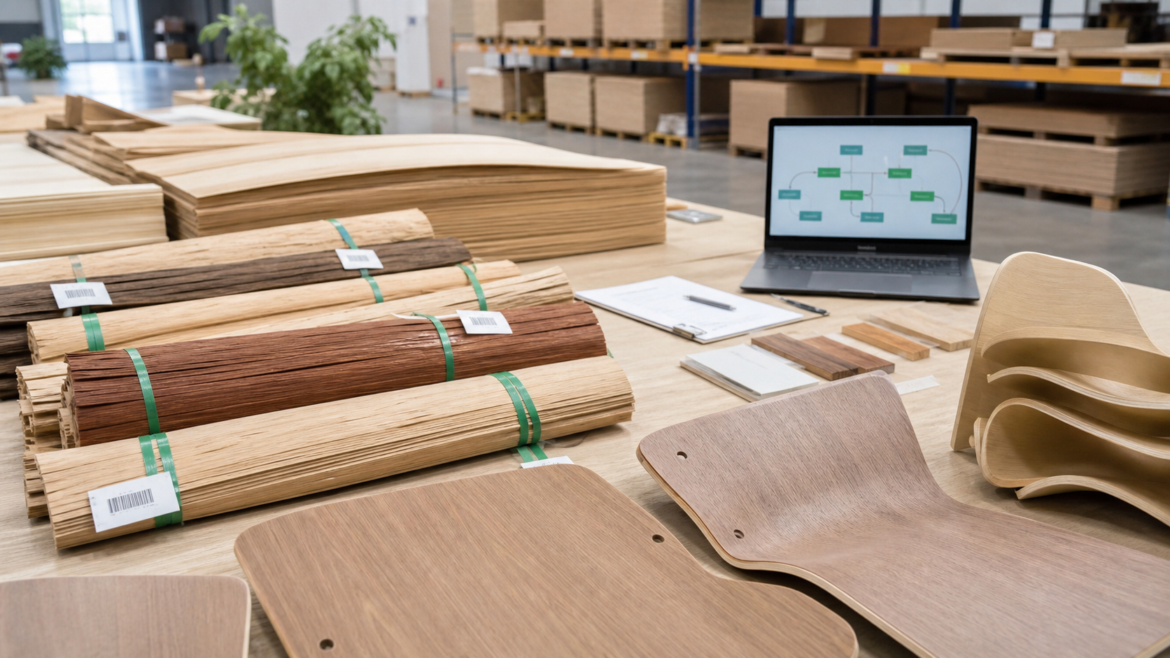 Wood traceability materials and molded plywood chair parts on a sourcing table