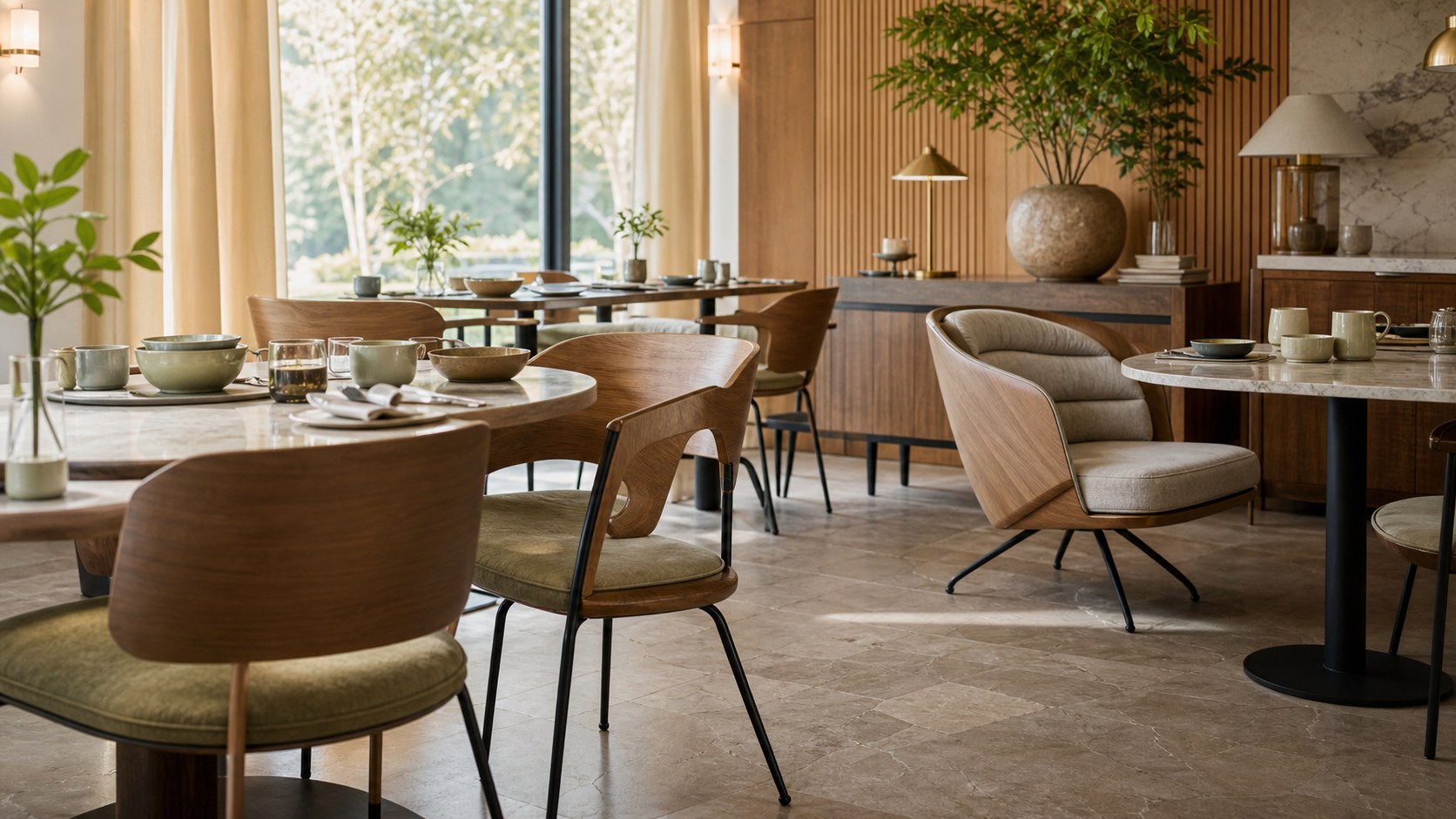Boutique hospitality room with curved plywood dining chairs and lounge seating.
