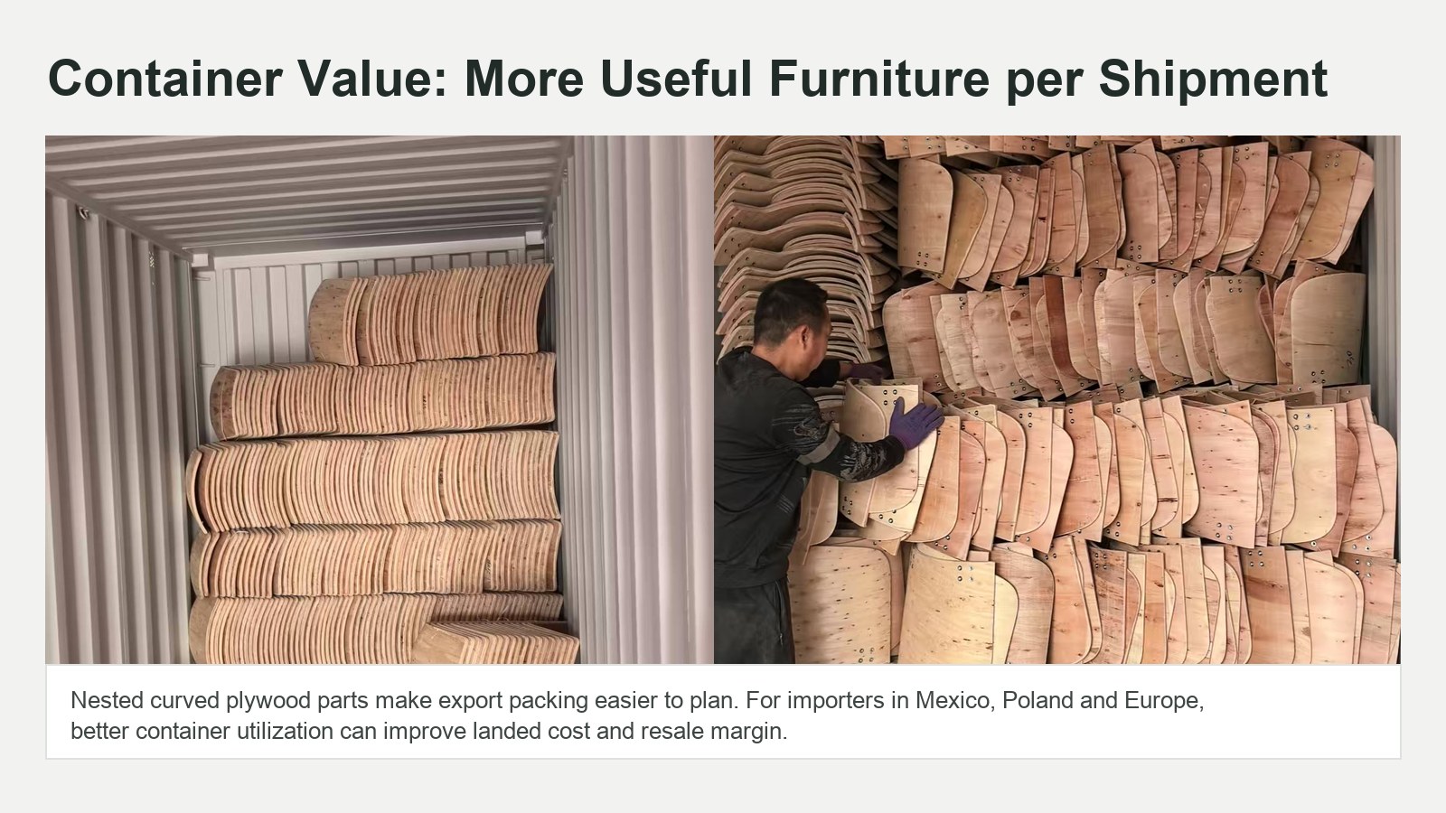 Nested bent plywood chair components loaded for export packing and better container value