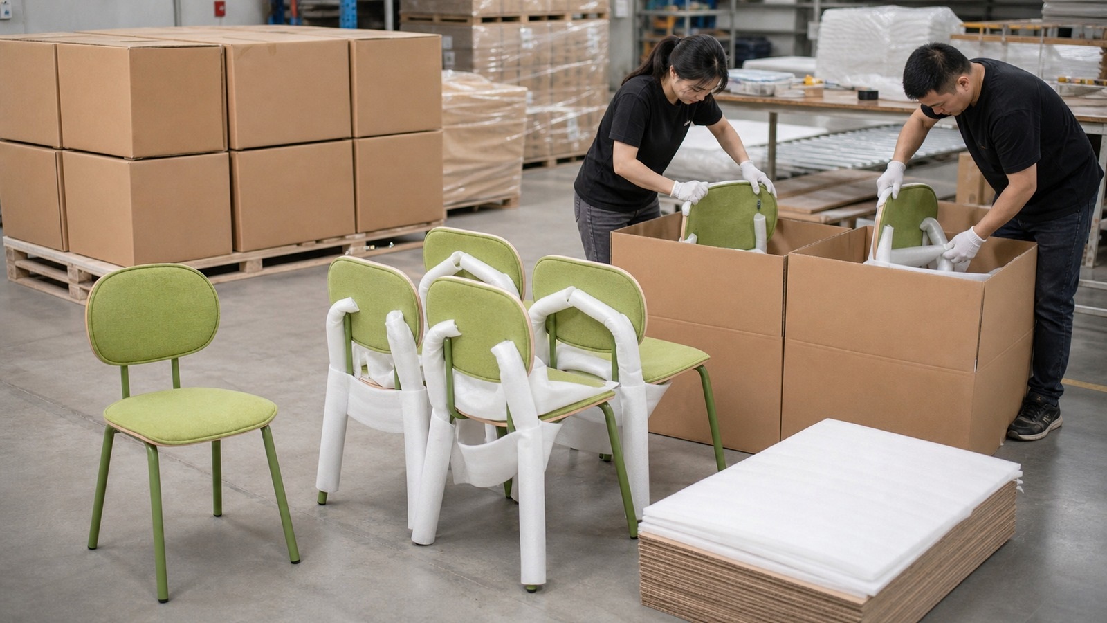Furniture factory team preparing a small pilot order of upholstered chairs for export packing.
