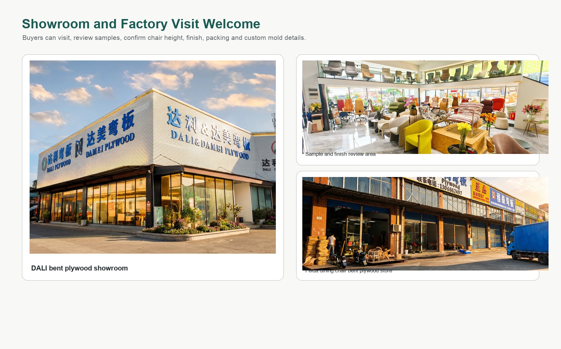 DALI showroom and factory visit support for dining chair samples custom products and buyer inspection.