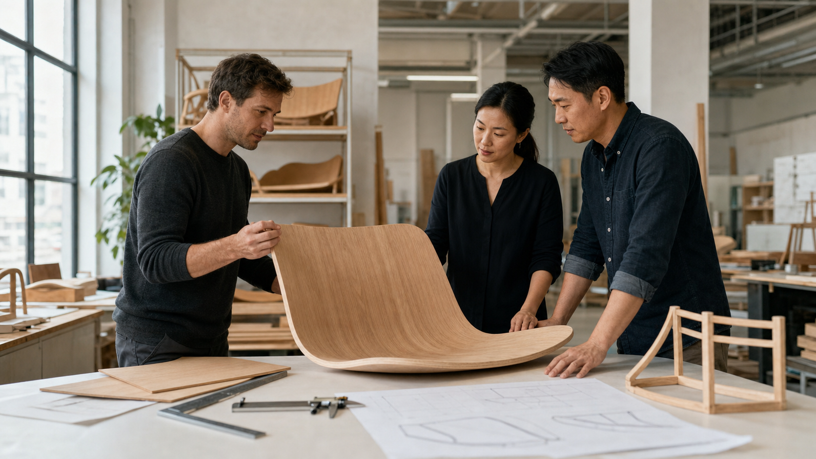 Furniture buyer and engineers reviewing a large molded plywood lounge chair shell prototype