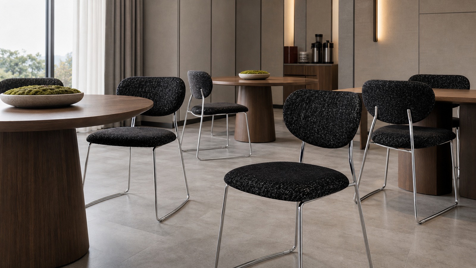 Black upholstered bent plywood chair with a chrome sled frame in a hotel meeting lounge.