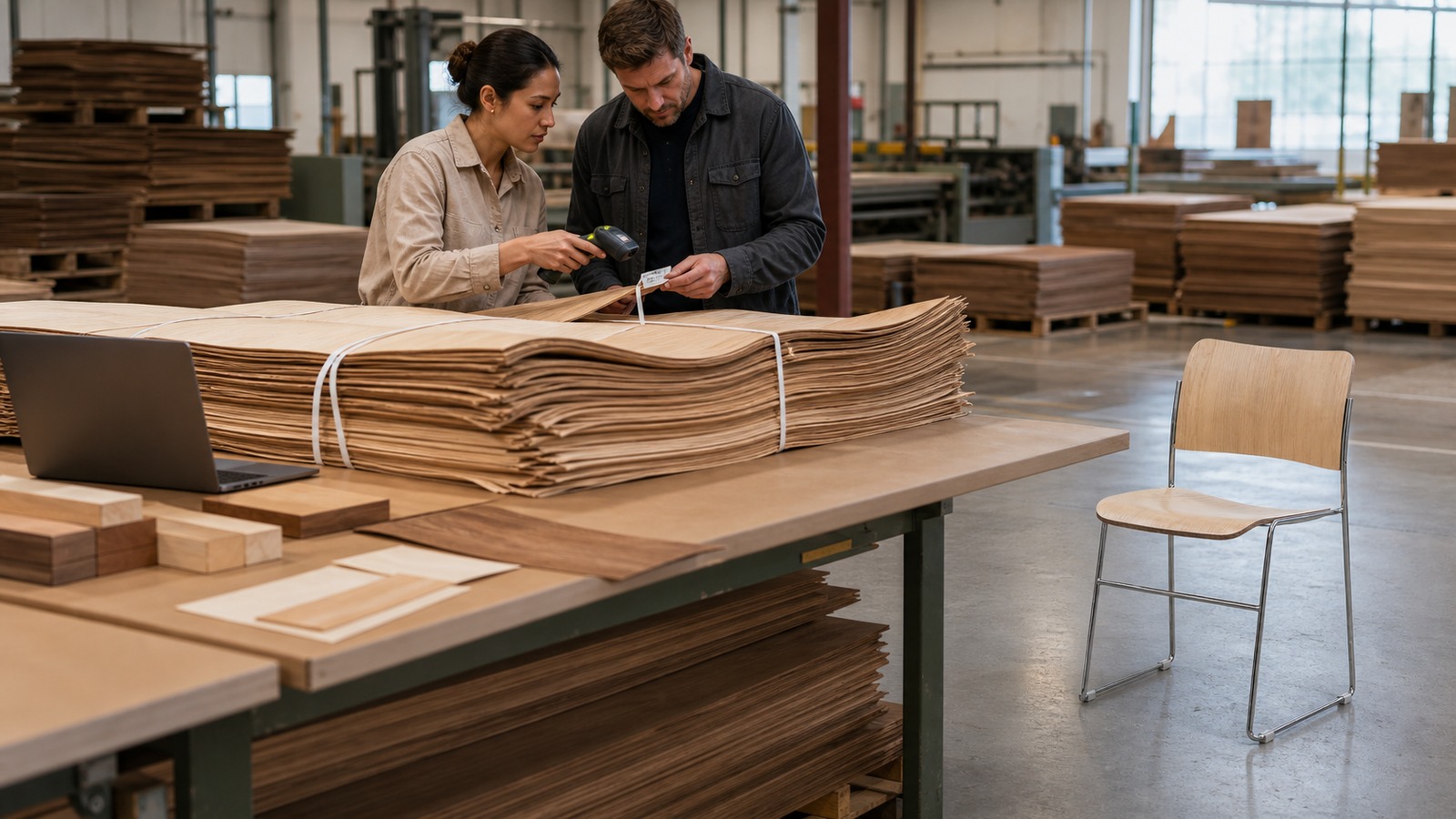 Furniture factory staff checking veneer supply records beside a finished plywood chair.