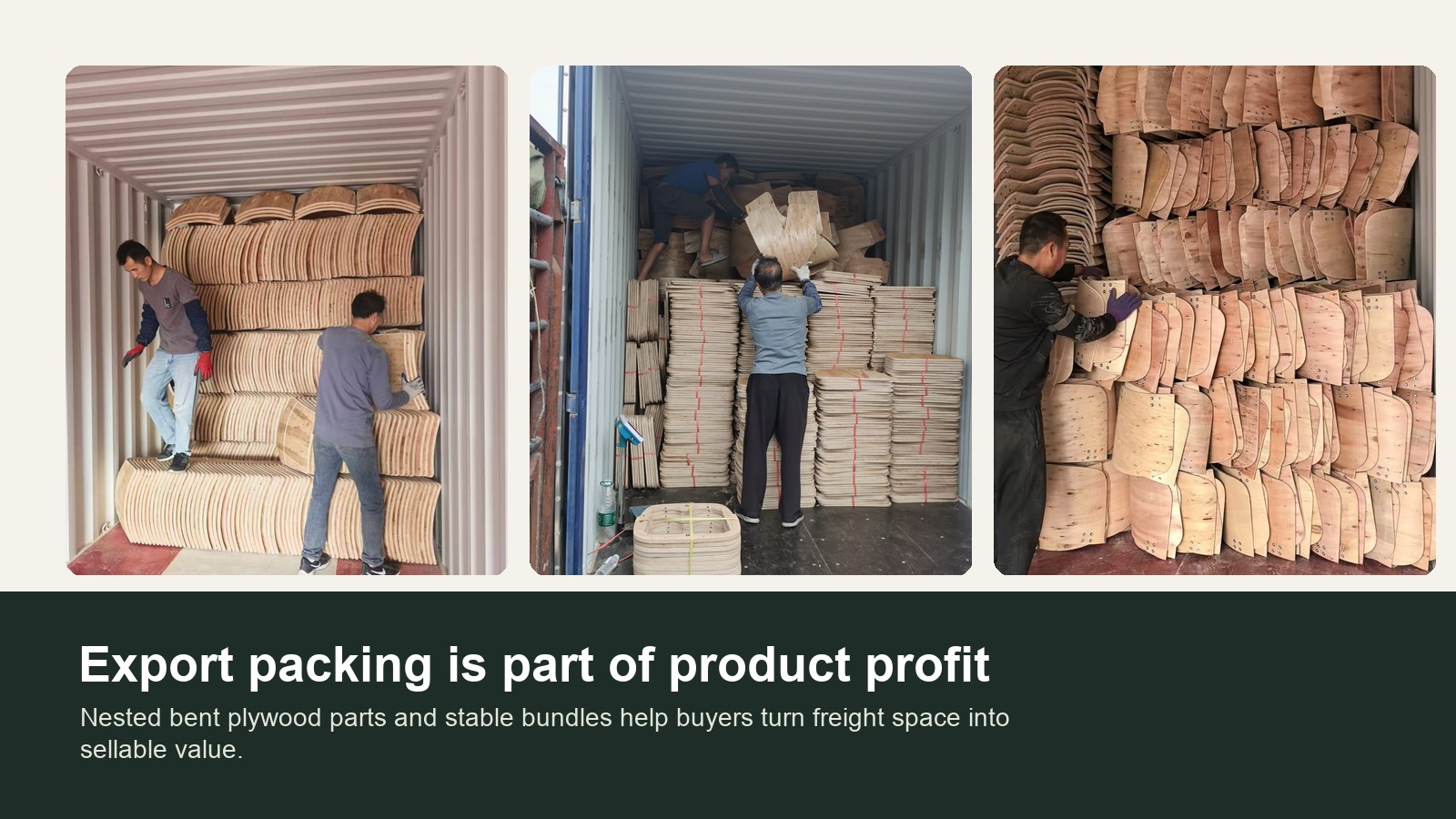 Export packing and container value for nested bent plywood chair parts.
