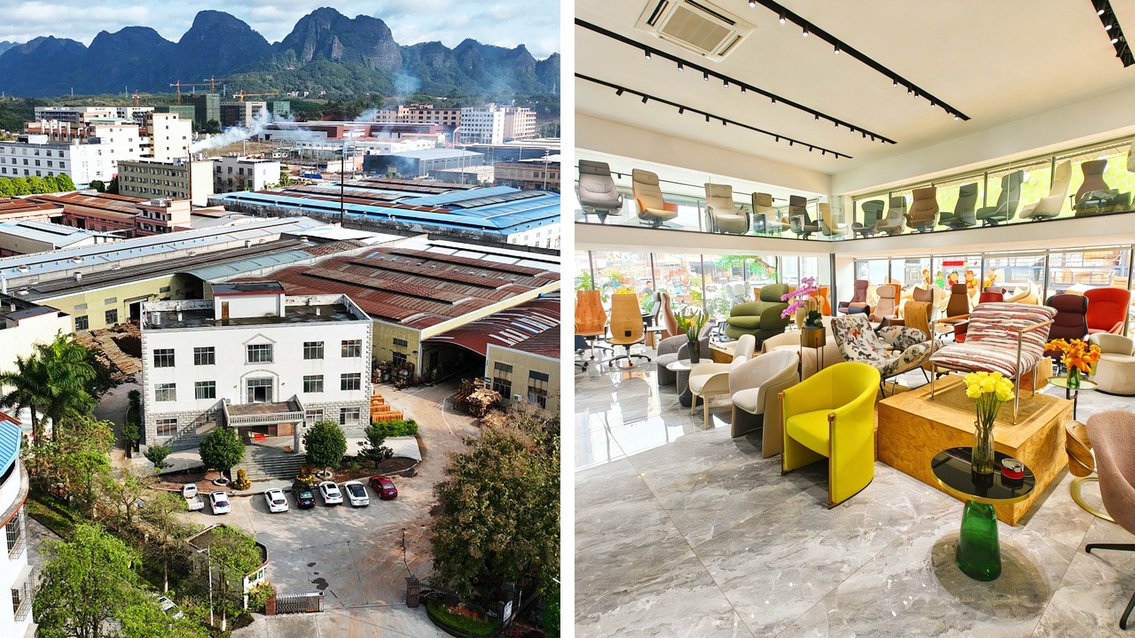 DALI factory campus and furniture showroom with multiple chair styles.